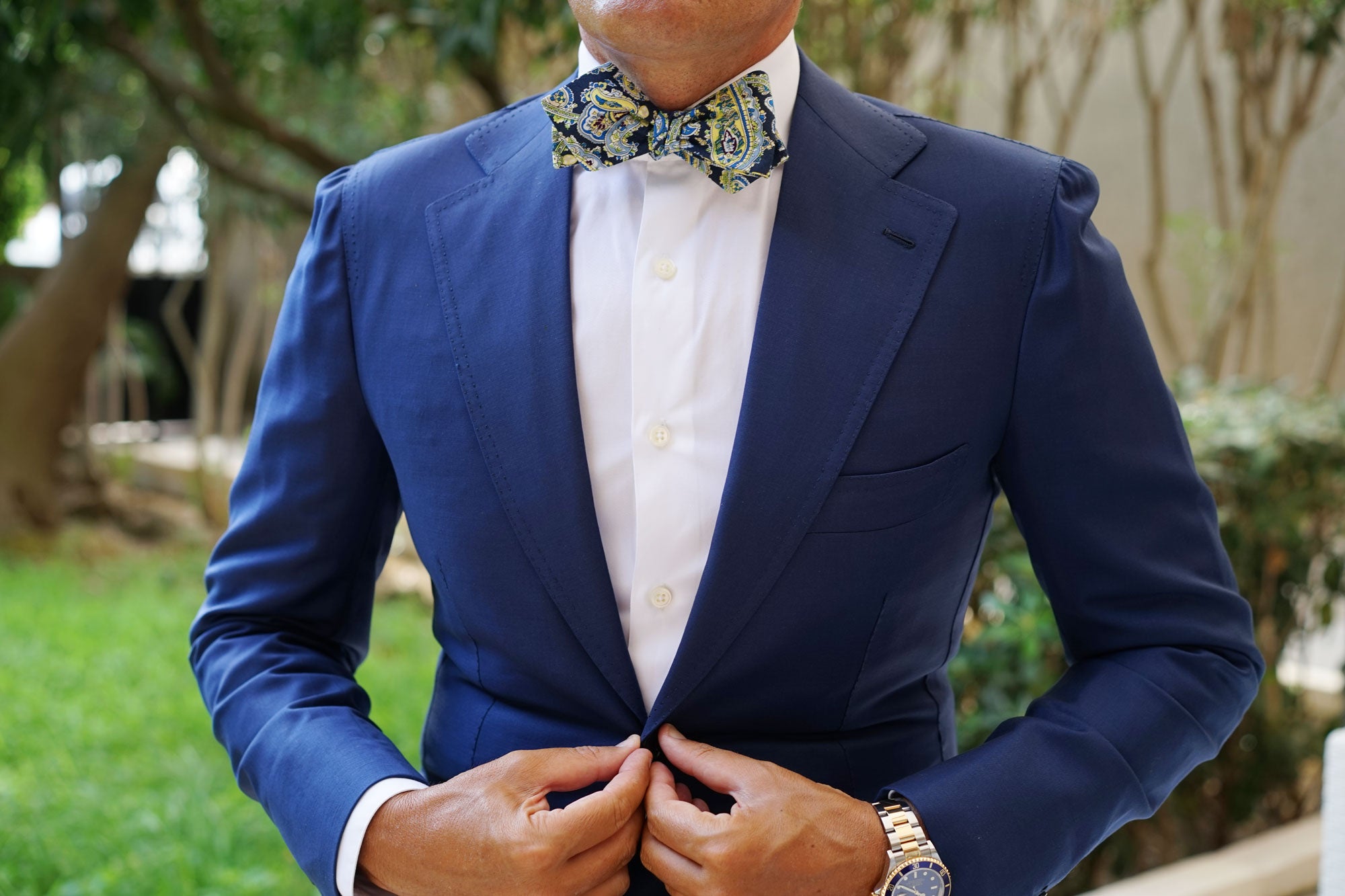 Vivara Yellow on Blue Paisley Diamond Self Bow Tie