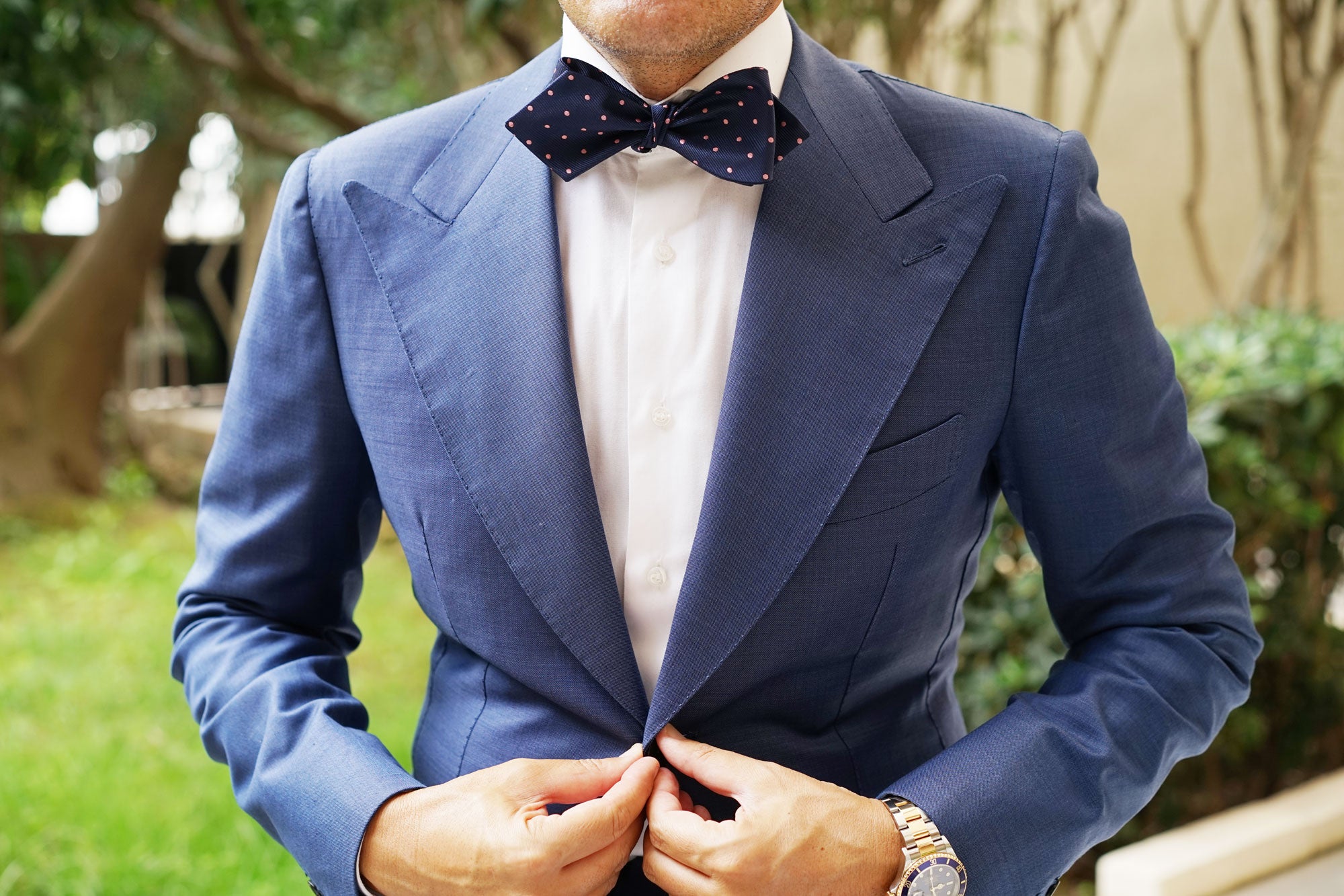 Navy Blue with Pink Polka Dots Self Tie Diamond Tip Bow Tie