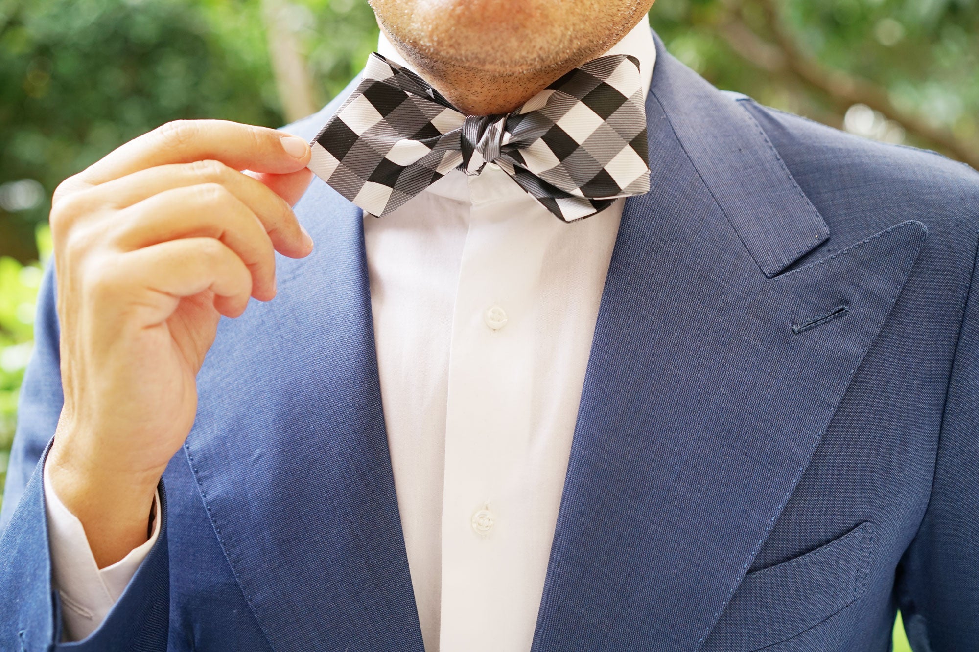 Black White Grey Checkered Self Tie Diamond Tip Bow Tie