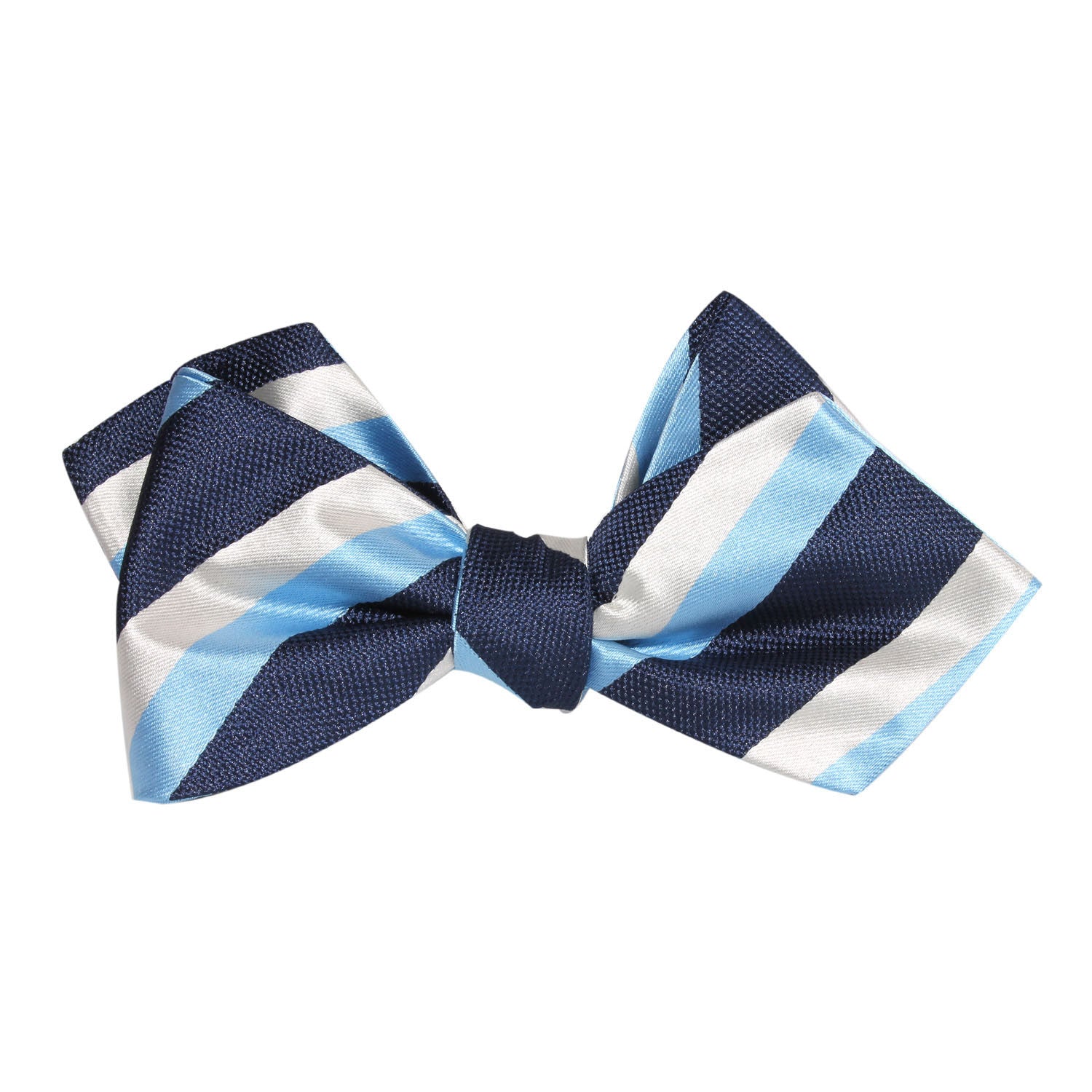 White Navy and Light Blue Striped Self Tie Diamond Tip Bow Tie