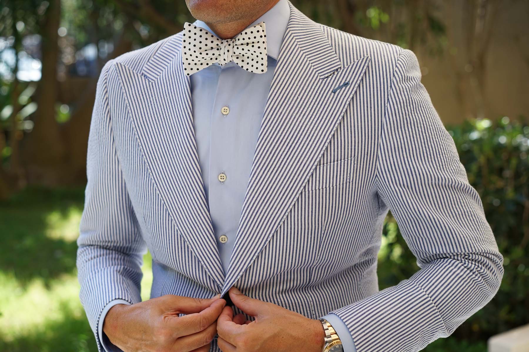 White with Black Polkadot Cotton Self Bow Tie