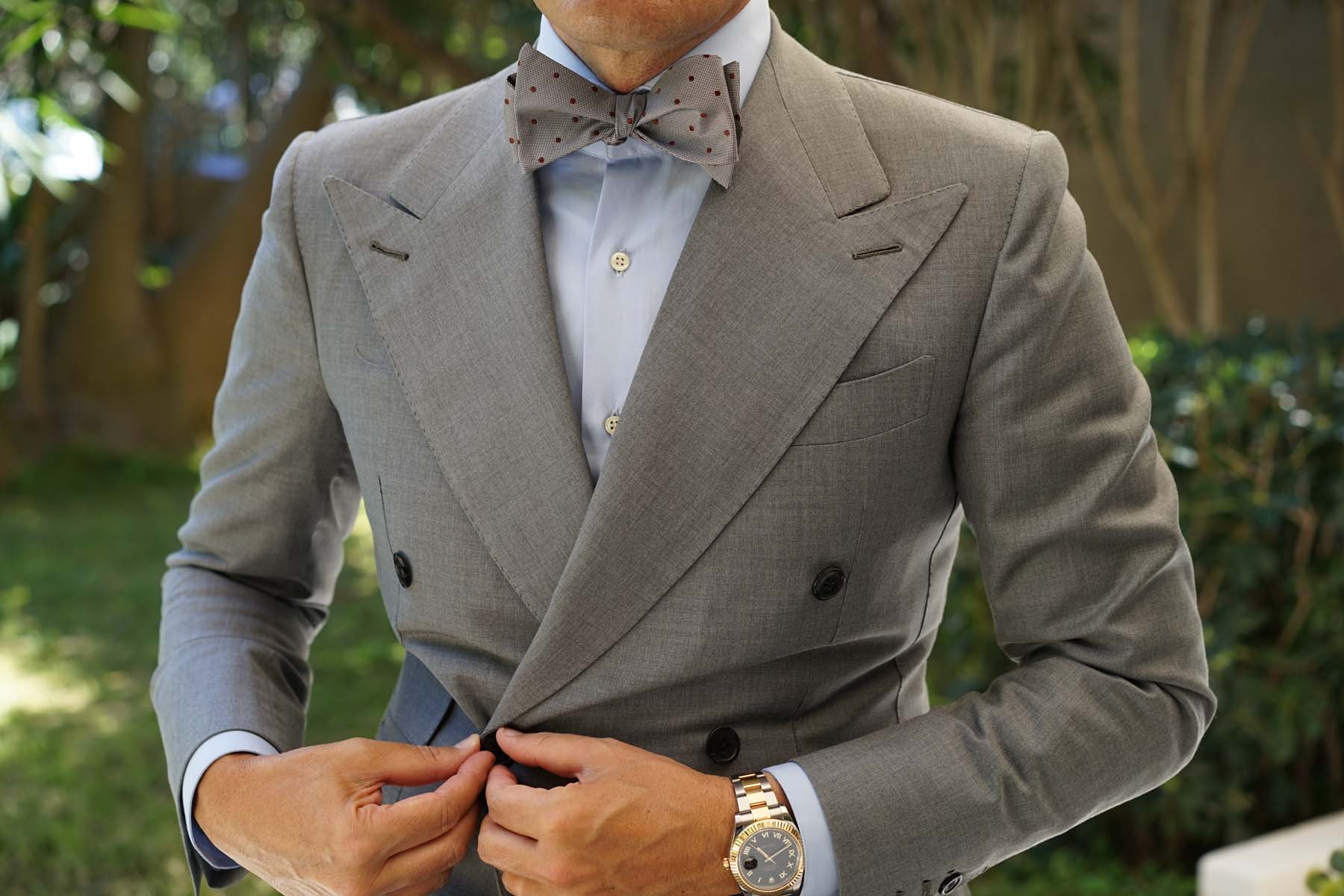 Grey with Brown Polka Dots Self Tie Bow Tie