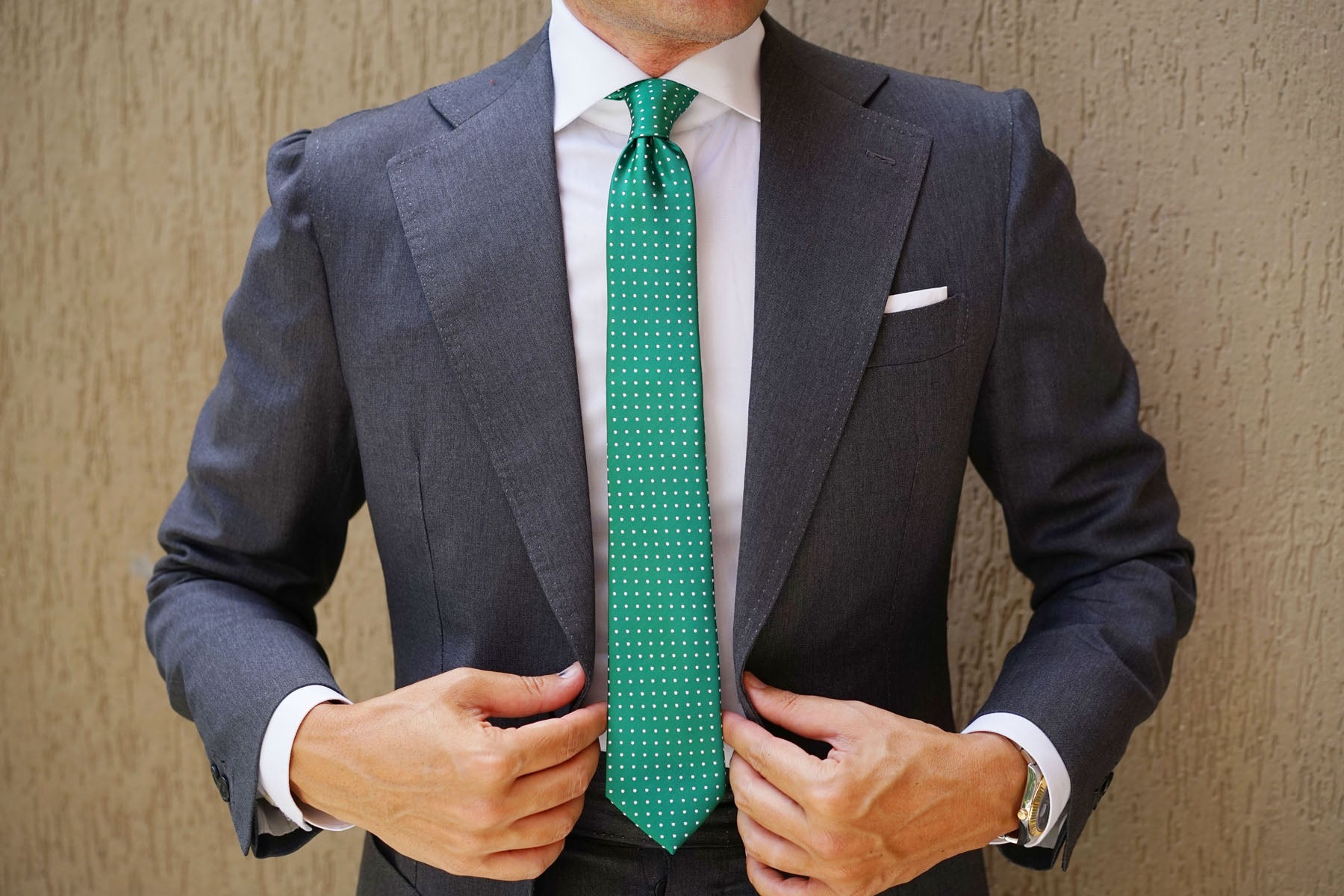 Green Skinny Tie with White Polka Dots