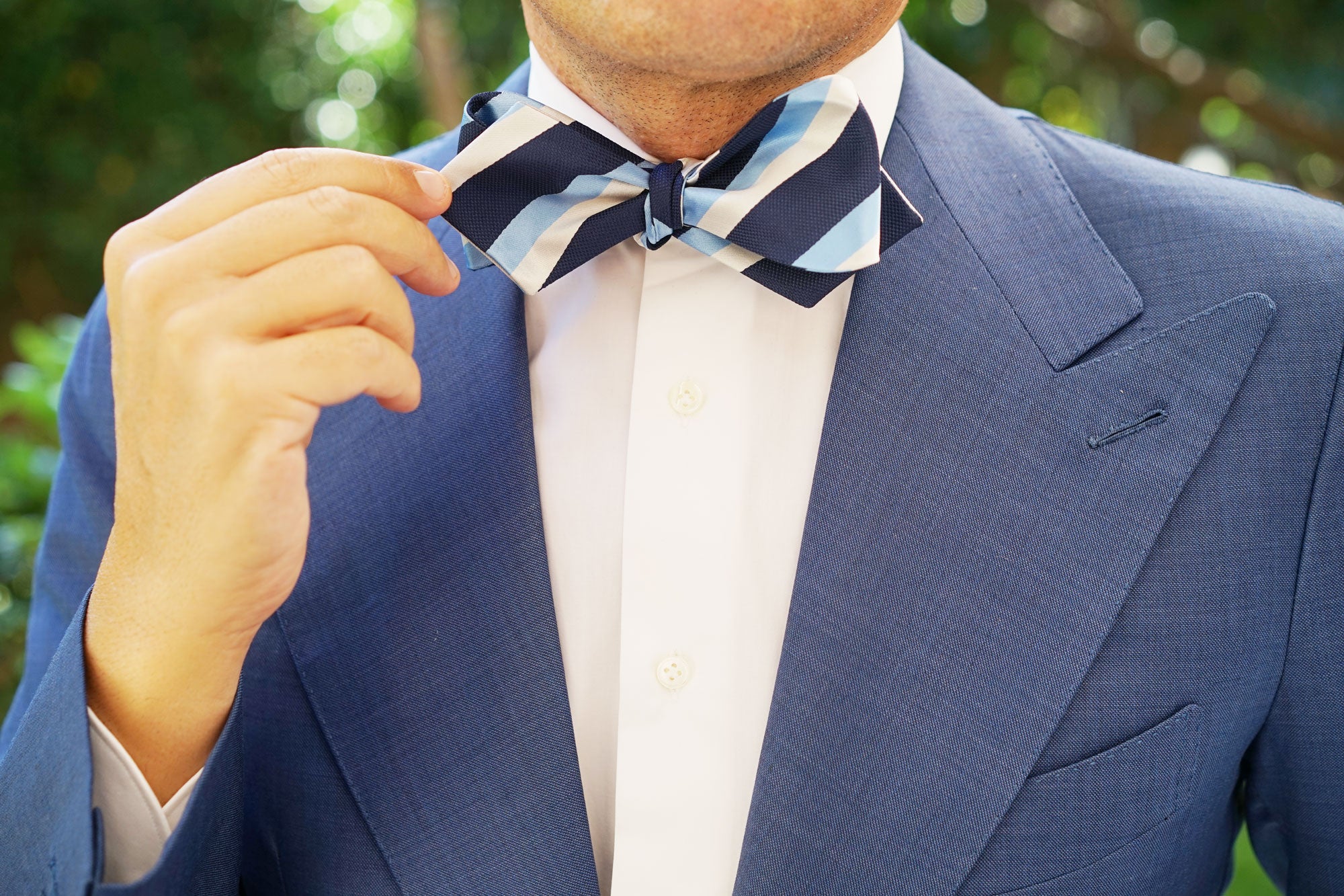 White Navy and Light Blue Striped Self Tie Diamond Tip Bow Tie