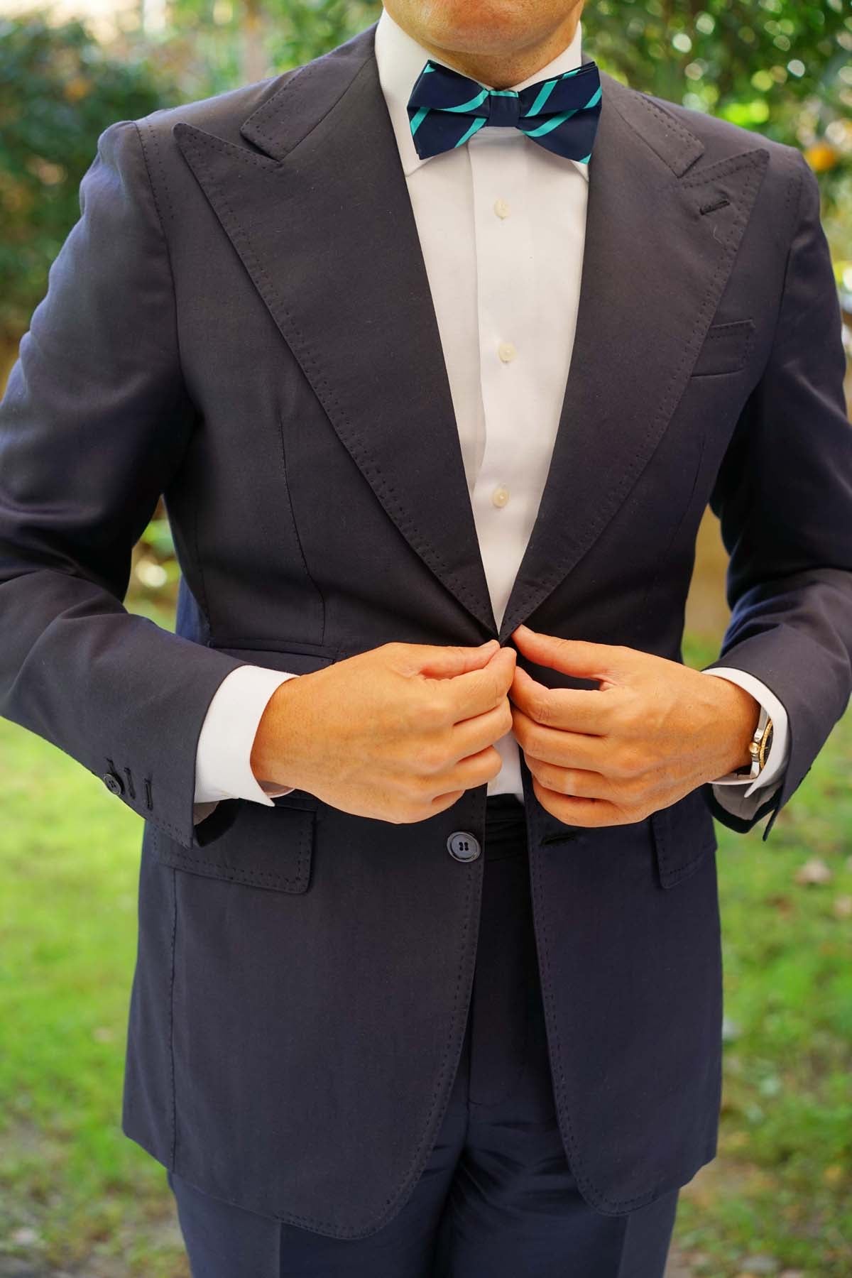 Navy Blue Bow Tie with Striped Light Blue