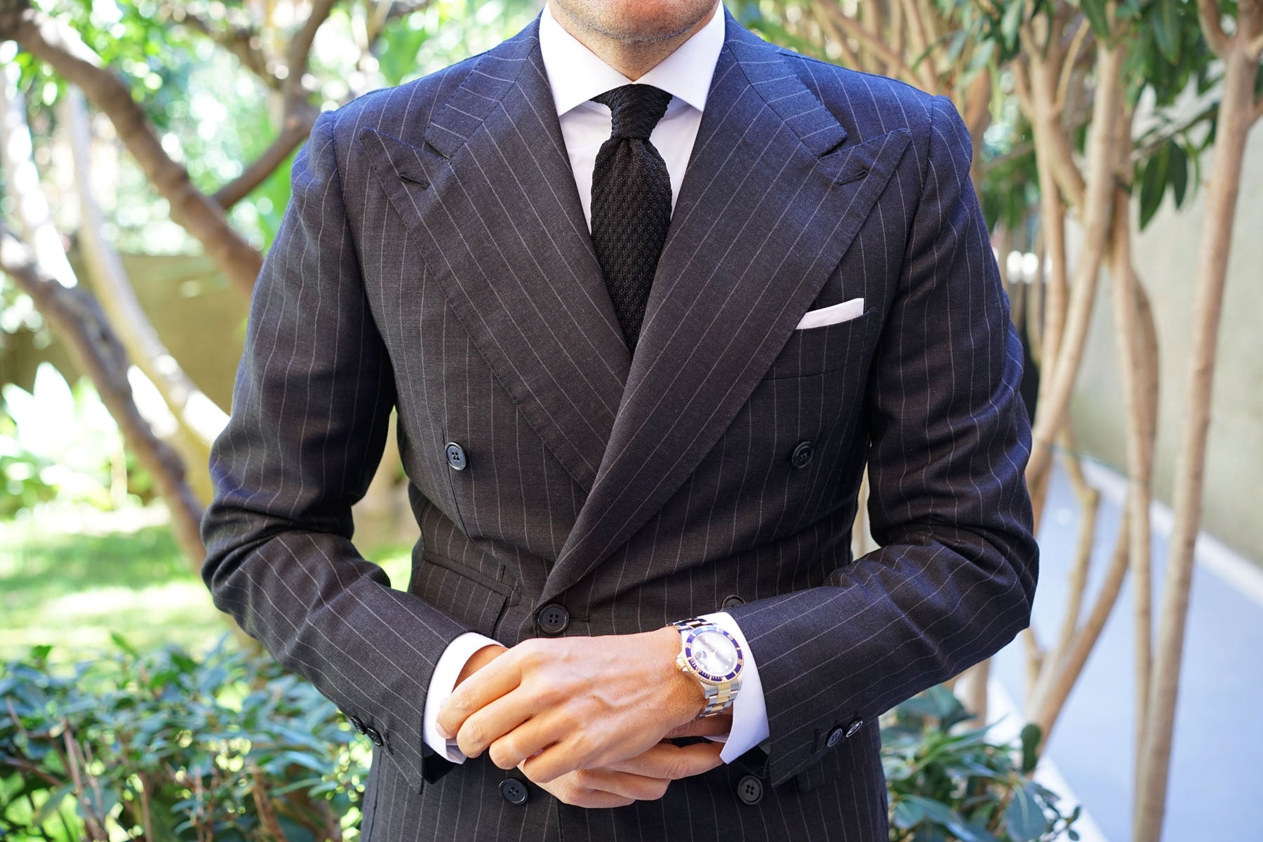 Black Knitted Tie with Grey Flat End