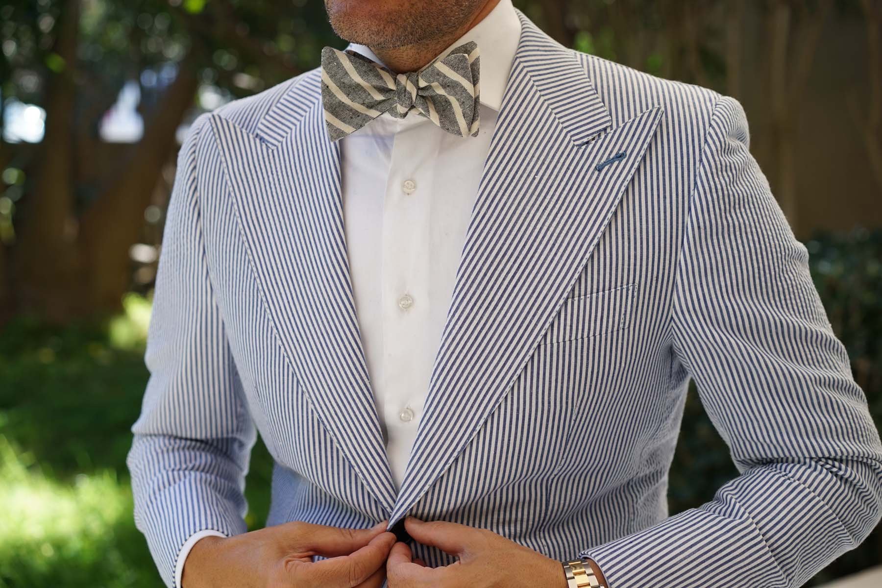 Adana Black Chalk Stripe Linen Self Bow Tie