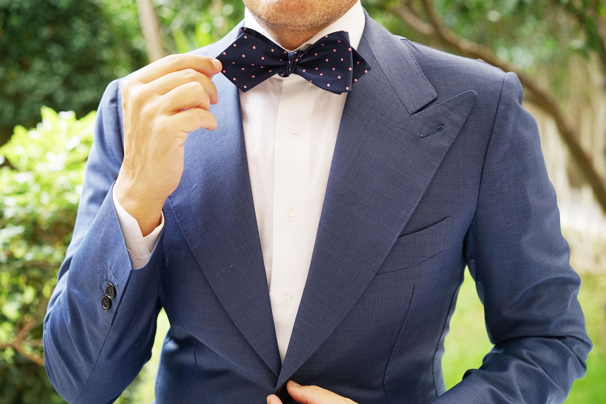 Navy Blue with Pink Polka Dots Self Tie Diamond Tip Bow Tie