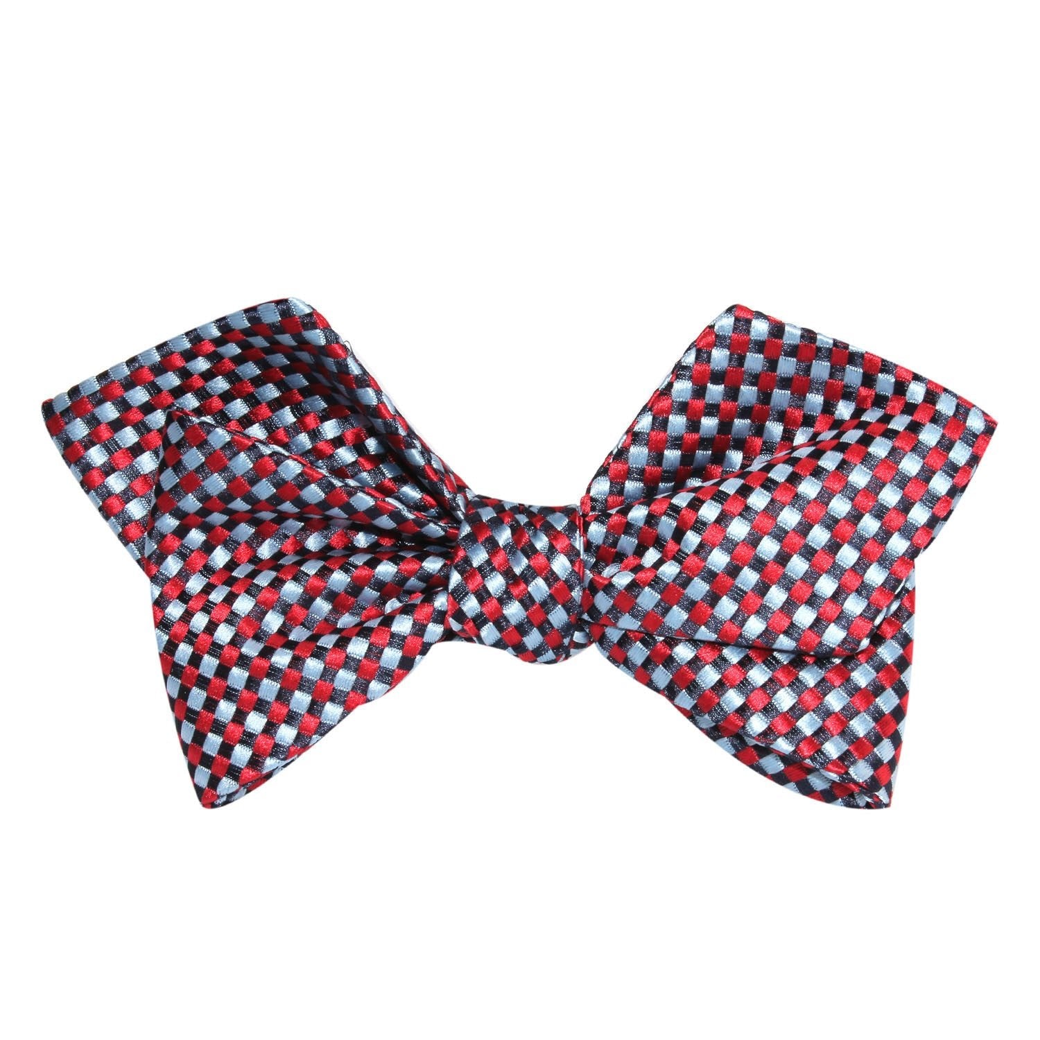 Navy and Light Blue Red Checkered Self Tie Diamond Tip Bow Tie