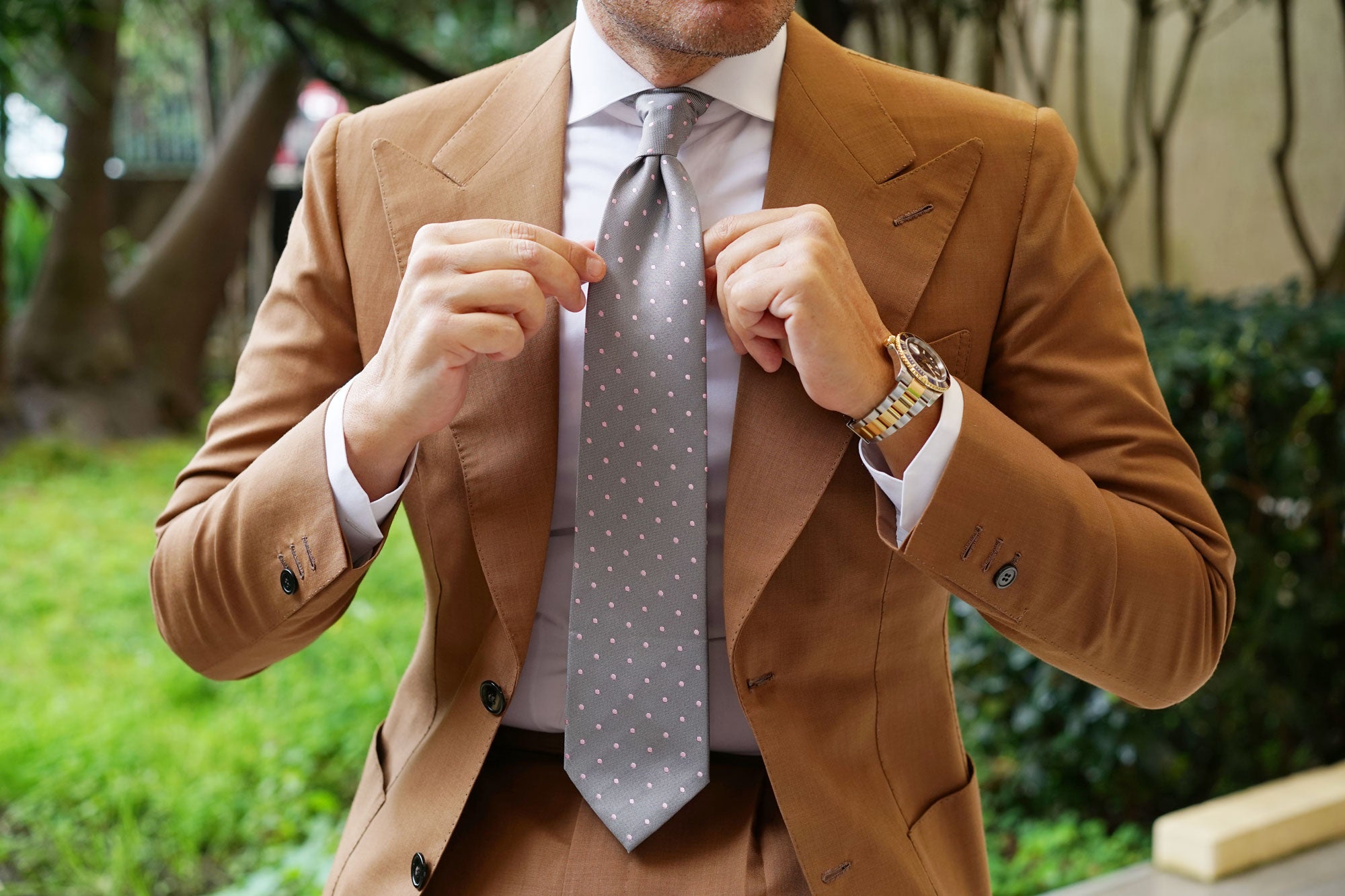 Grey with Baby Pink Polka Dots Necktie