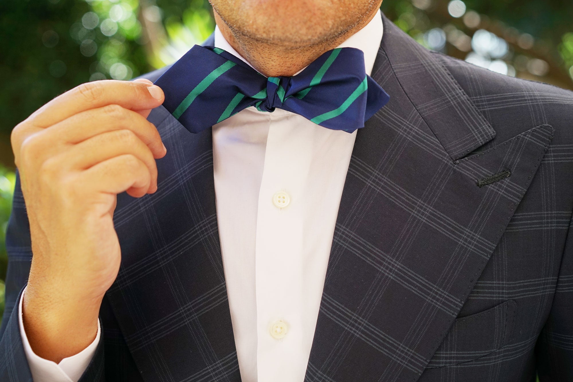 Navy Blue with Green Stripes Self Tie Diamond Tip Bow Tie