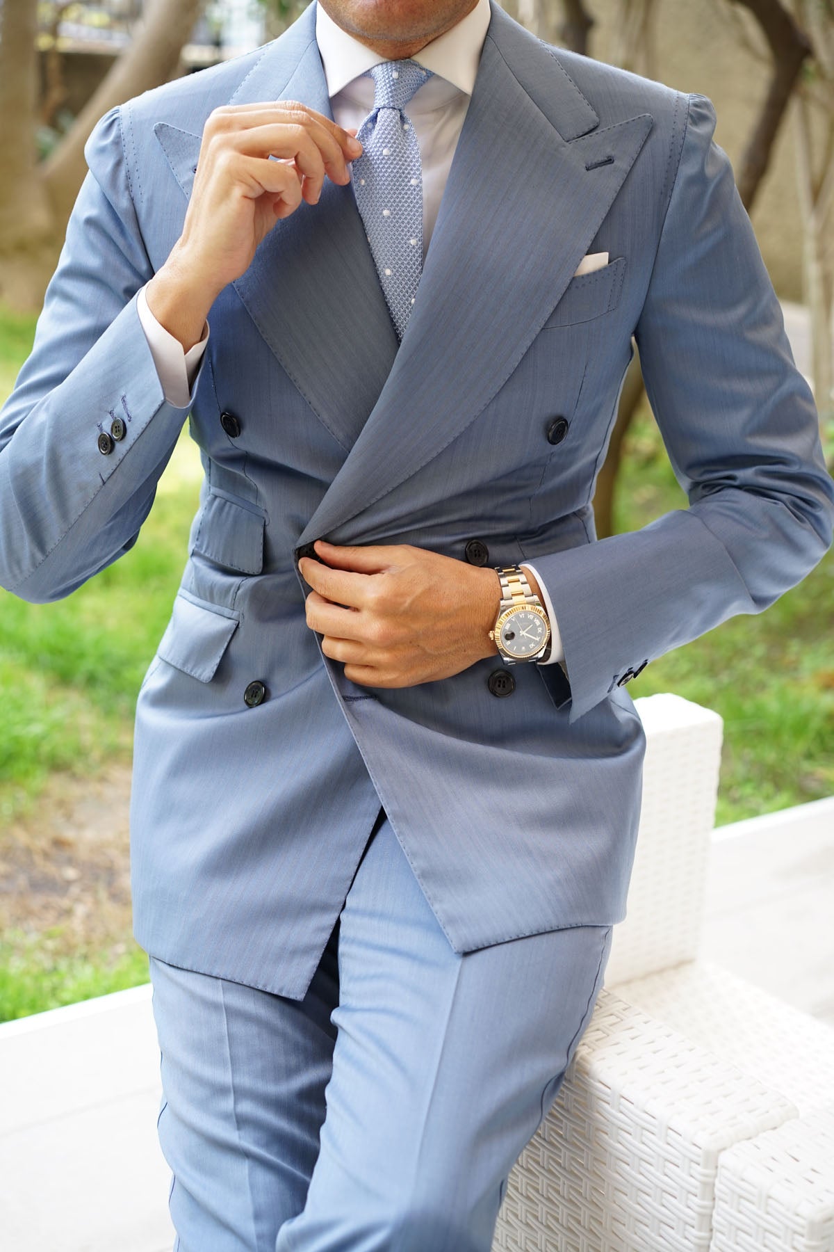 Light Blue Knitted Tie with White Polka Dots