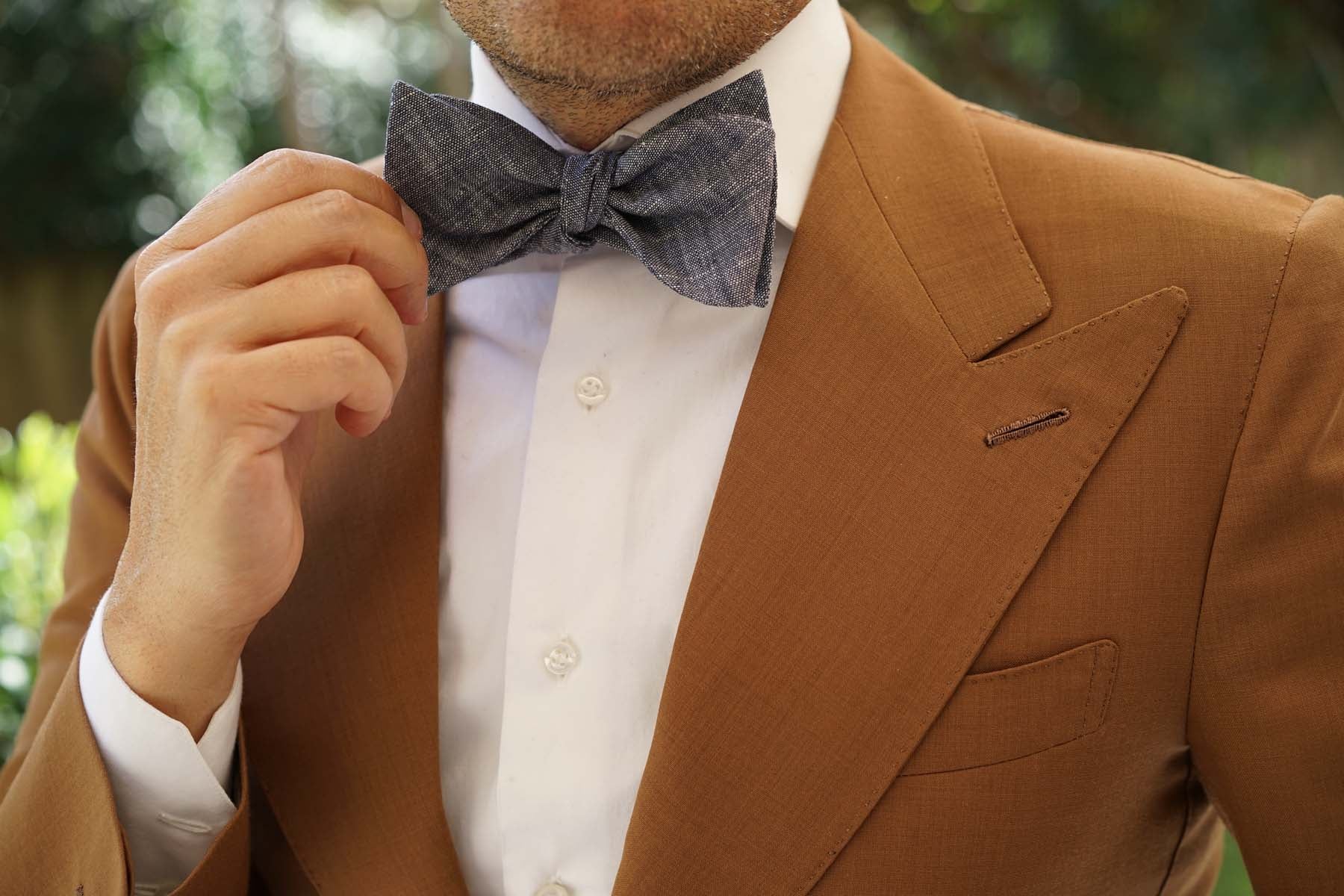 Navy Blue Linen Chambray Self Tie Bow Tie