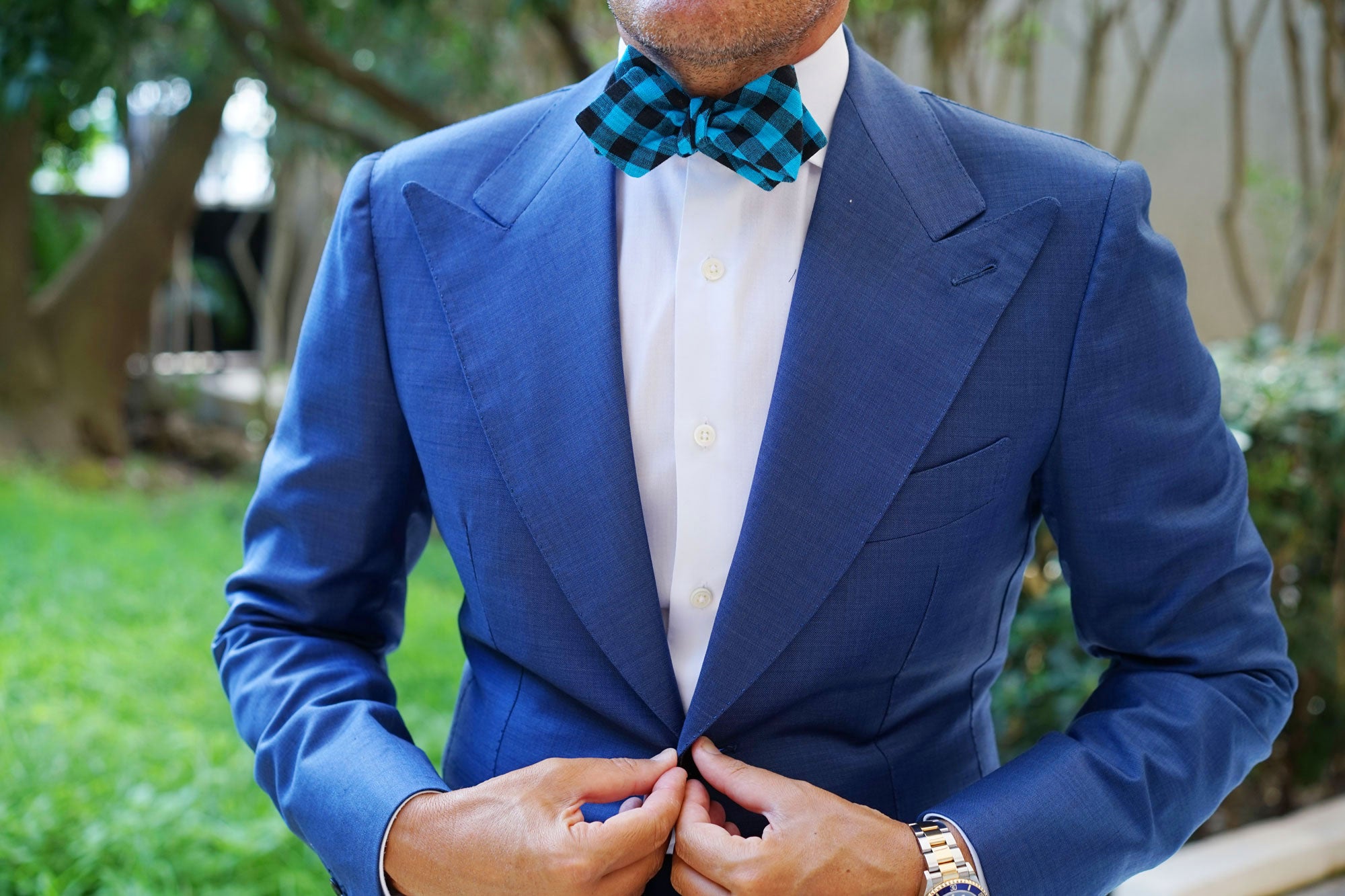 Grim Blue Gingham Diamond Self Bow Tie