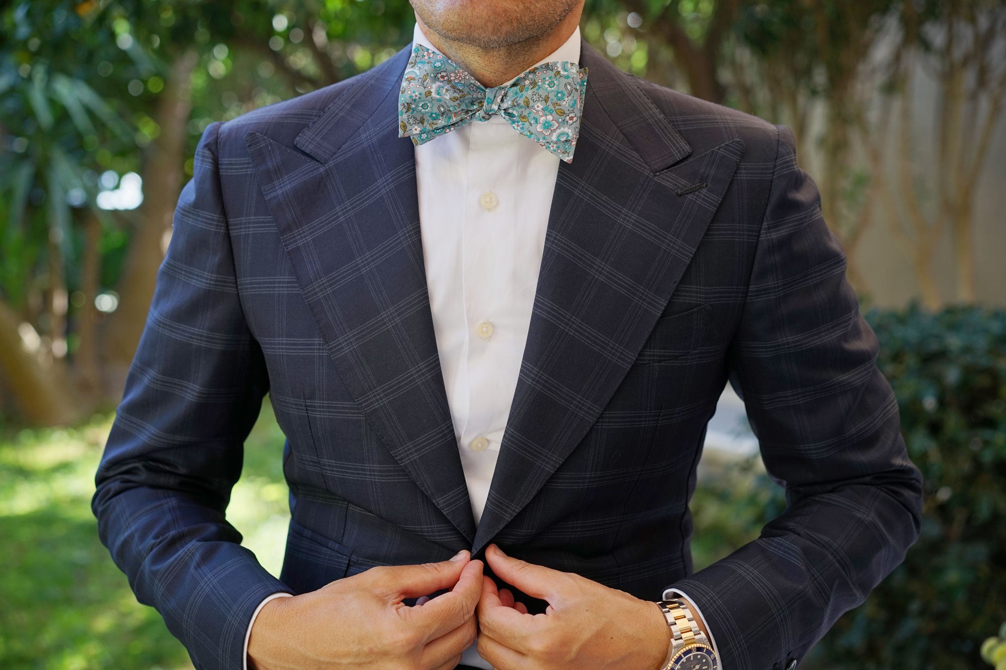 Japanese Sage Green Floral Self Bow Tie