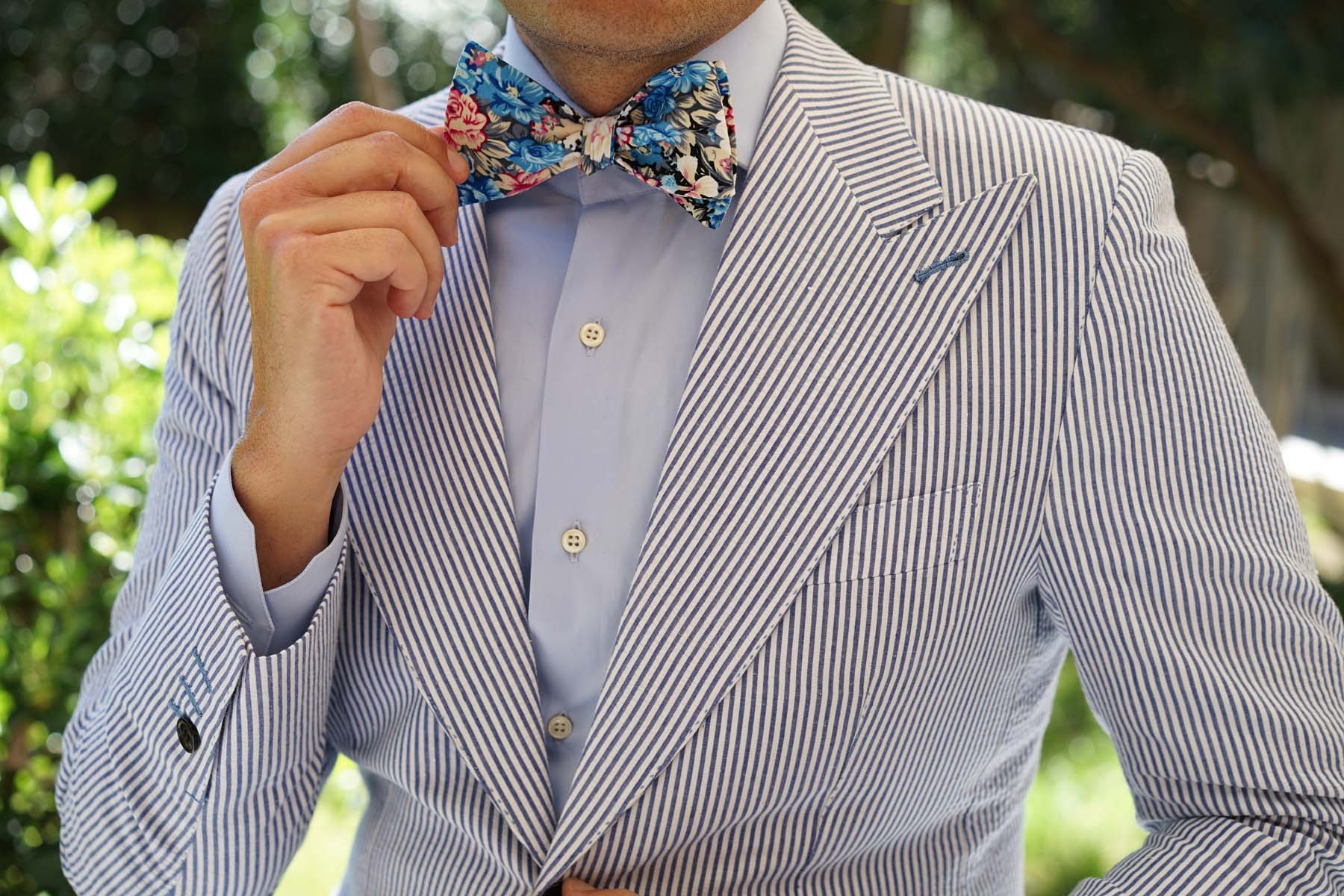 Blue Water Lilies Floral Self Bow Tie