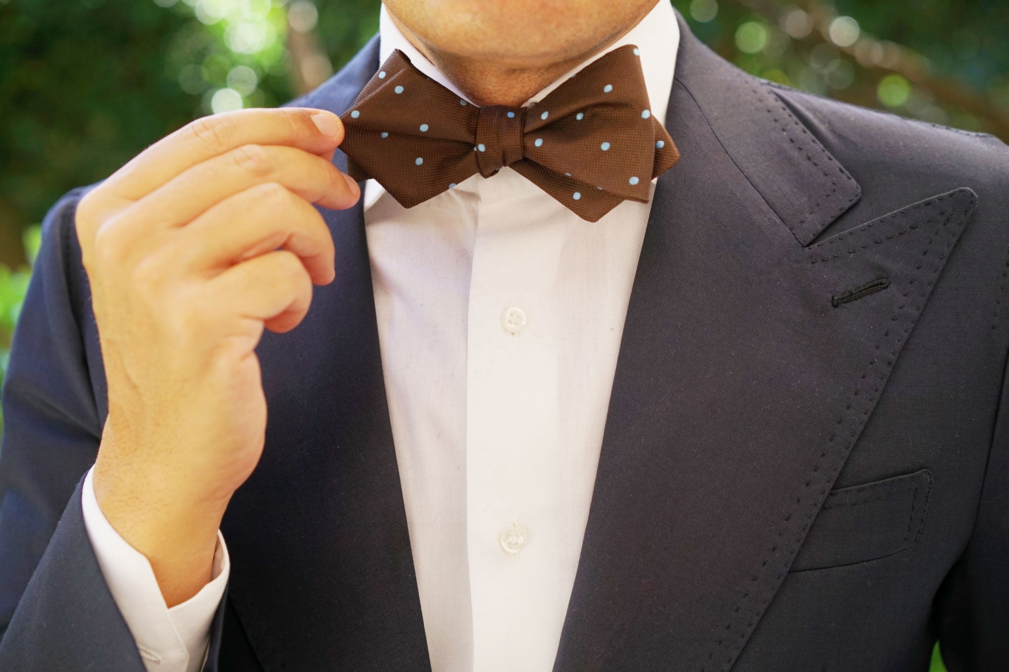 Brown on Blue Polkadot Diamond Self Bow Tie