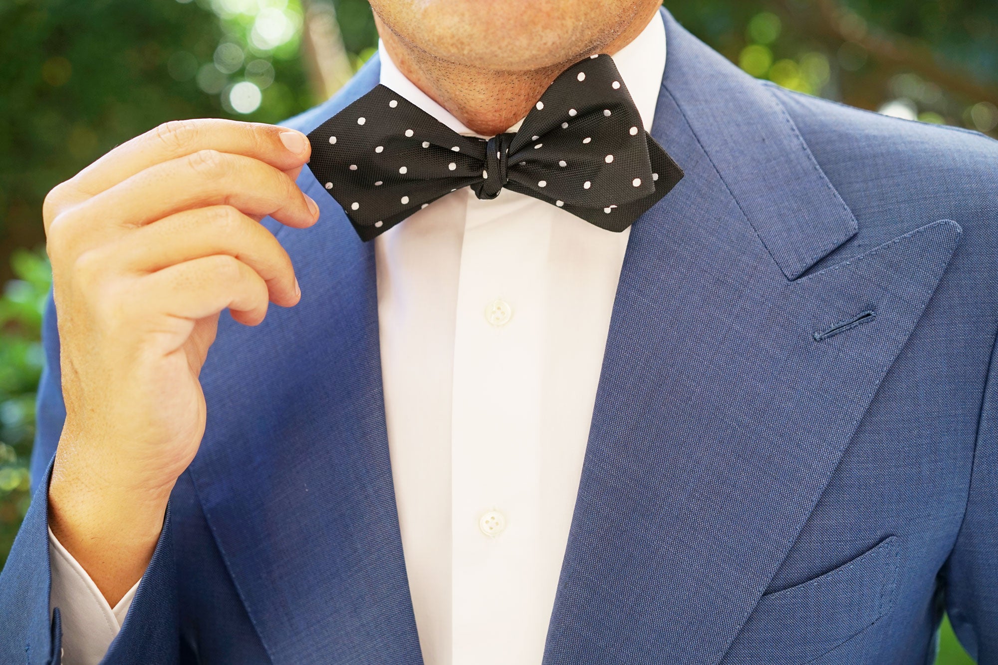 Coal Black with White Polka Dots Self Tie Diamond Tip Bow Tie