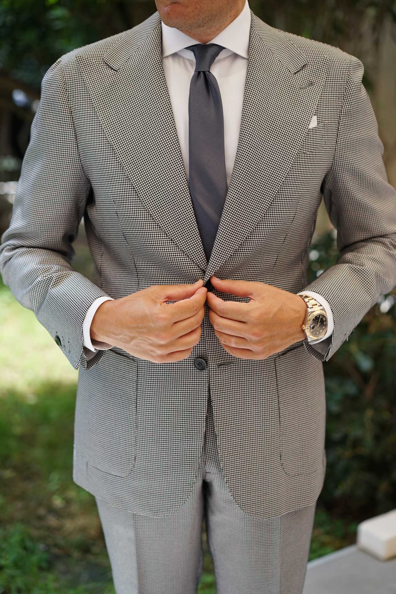 Slate Grey Charcoal Basket Weave Skinny Tie