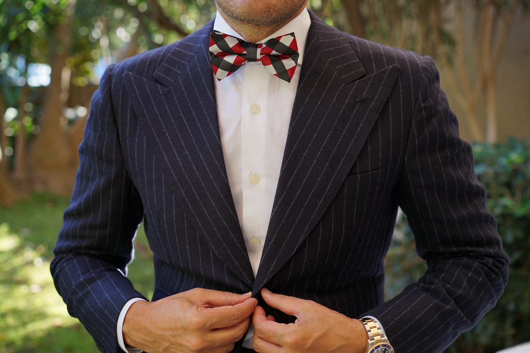 White Black Maroon Checkered Bow Tie