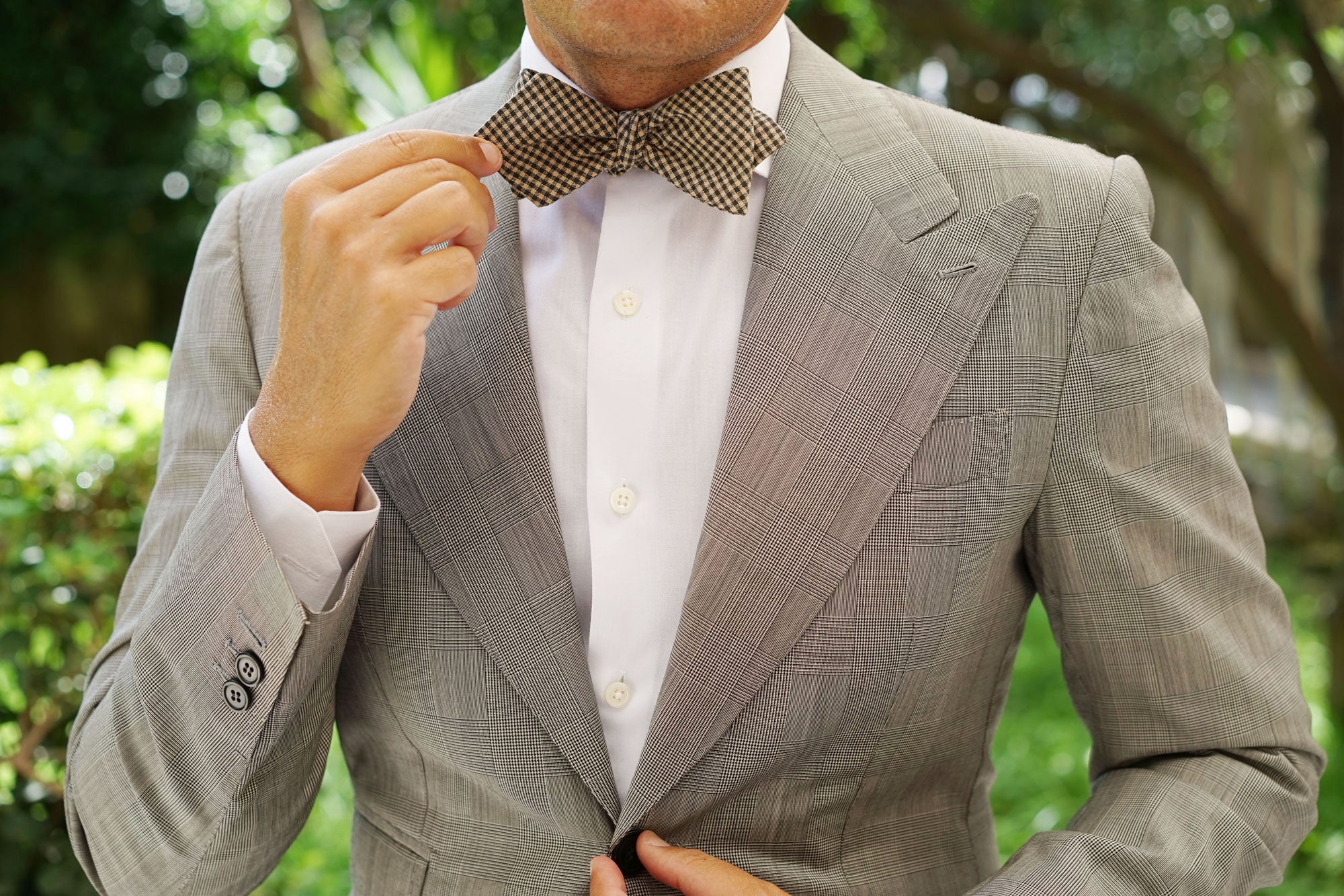 Khaki Green Gingham Blend Diamond Self Bow Tie