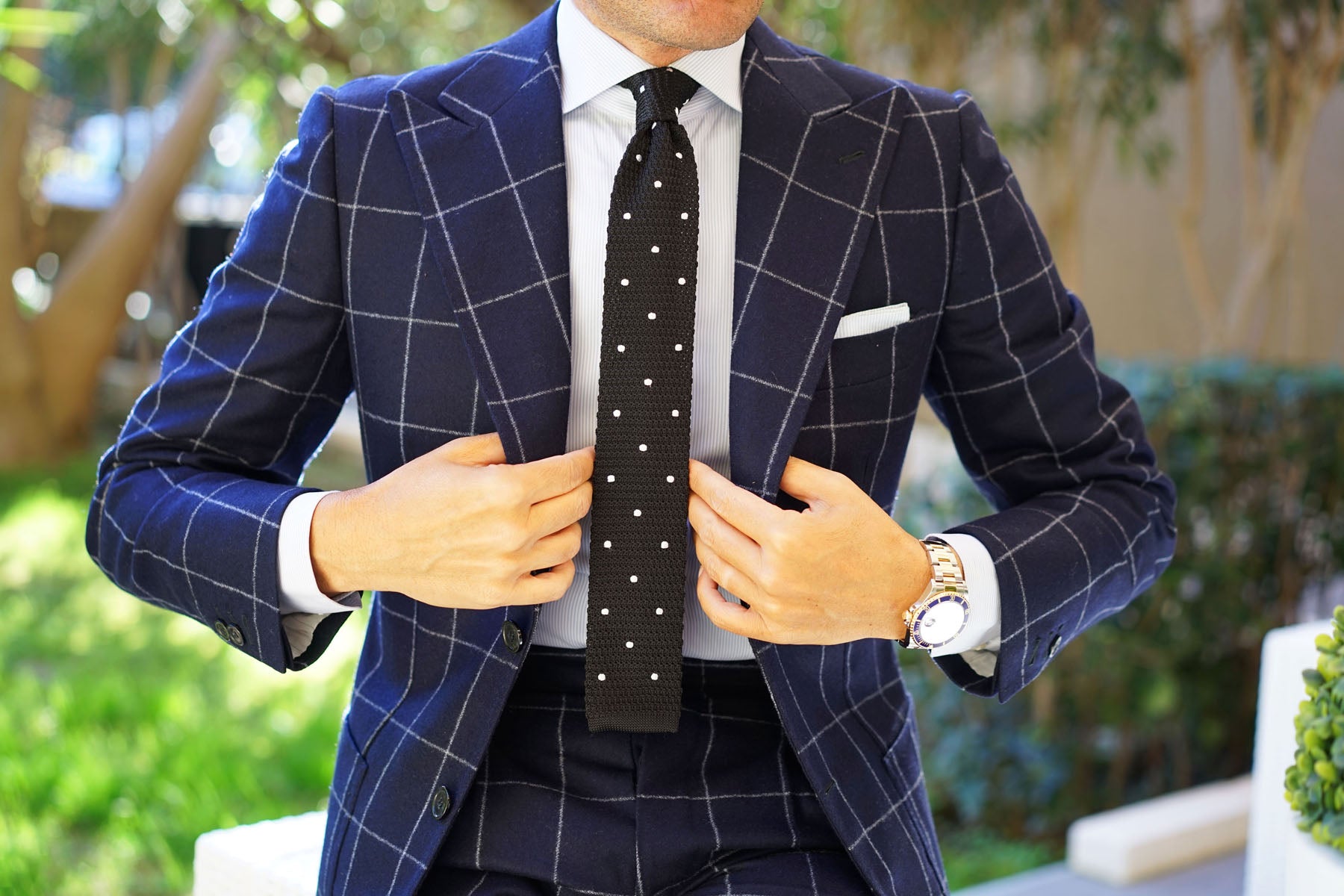 Black Knitted Tie with White Polka Dots