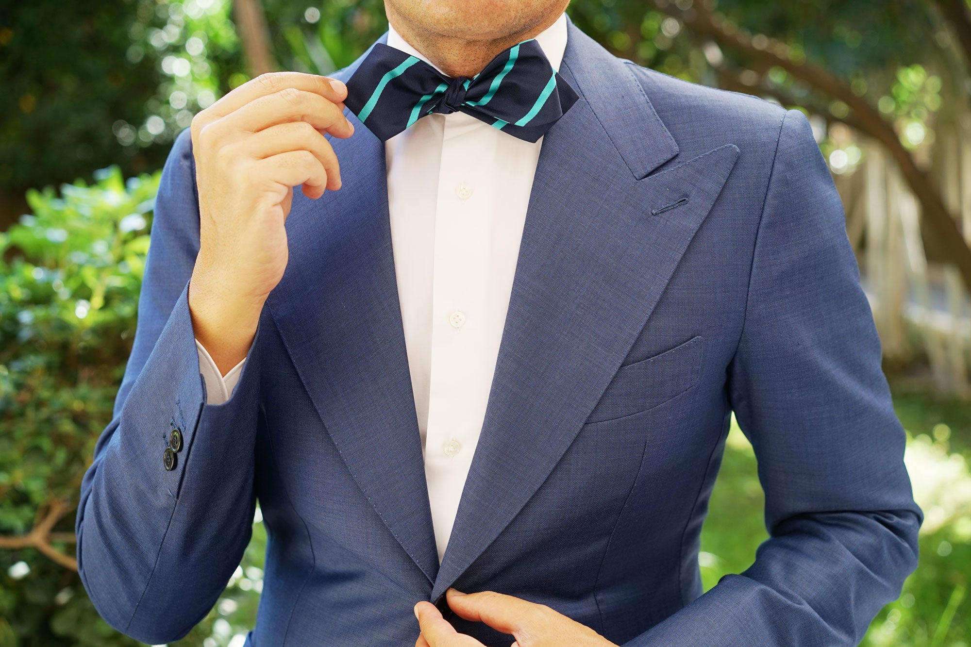 Navy Blue with Striped Light Blue Self Tie Diamond Tip Bow Tie