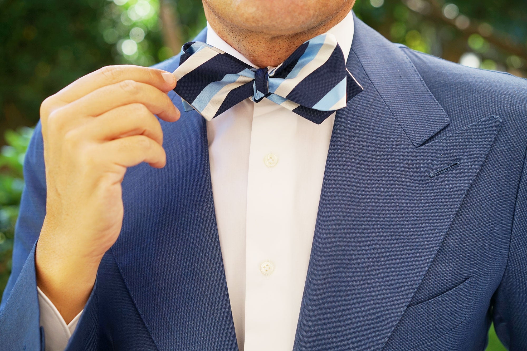 White Navy and Light Blue Striped Self Tie Diamond Tip Bow Tie