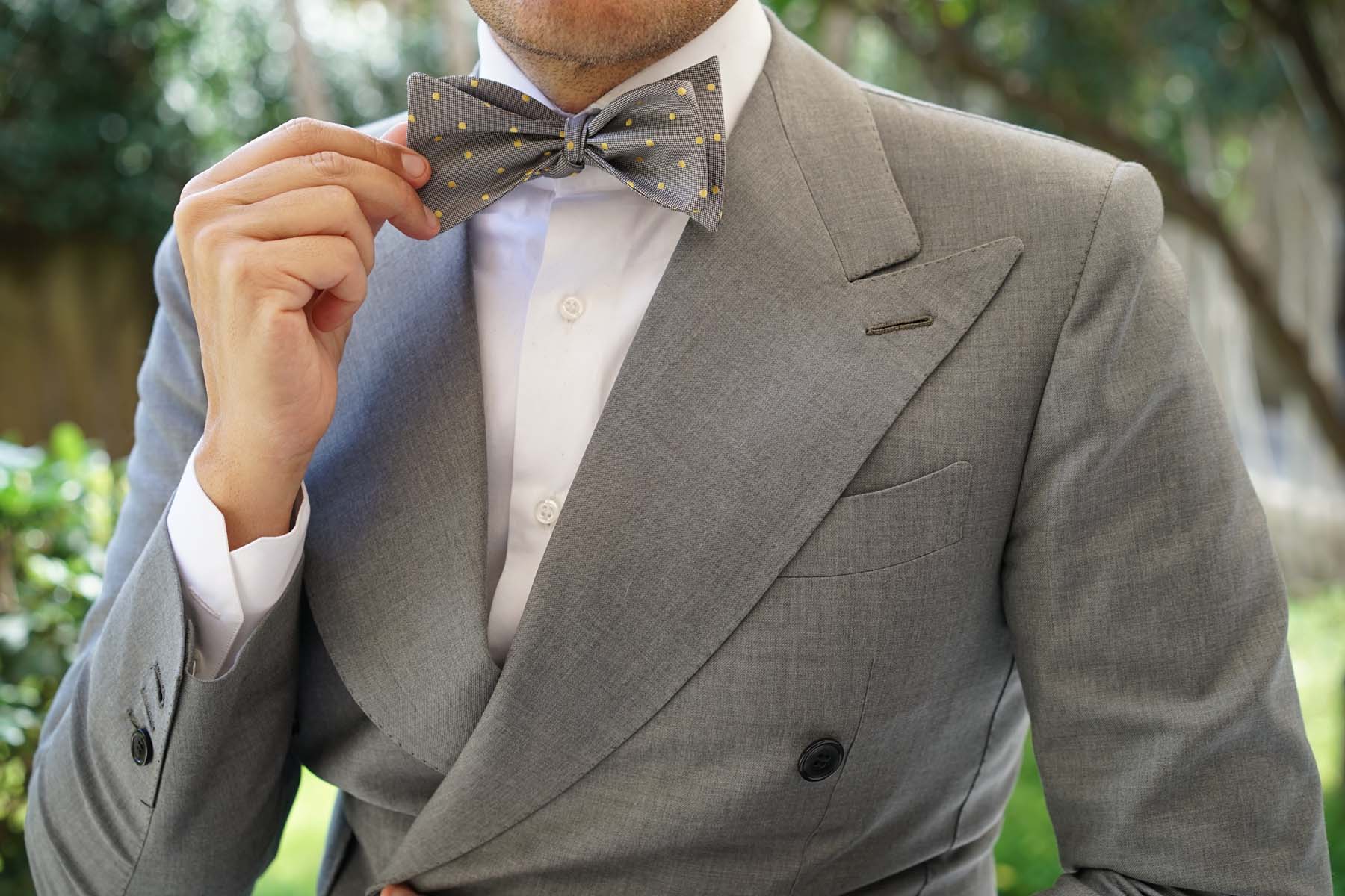 Grey with Yellow Polka Dots Self Tie Bow Tie