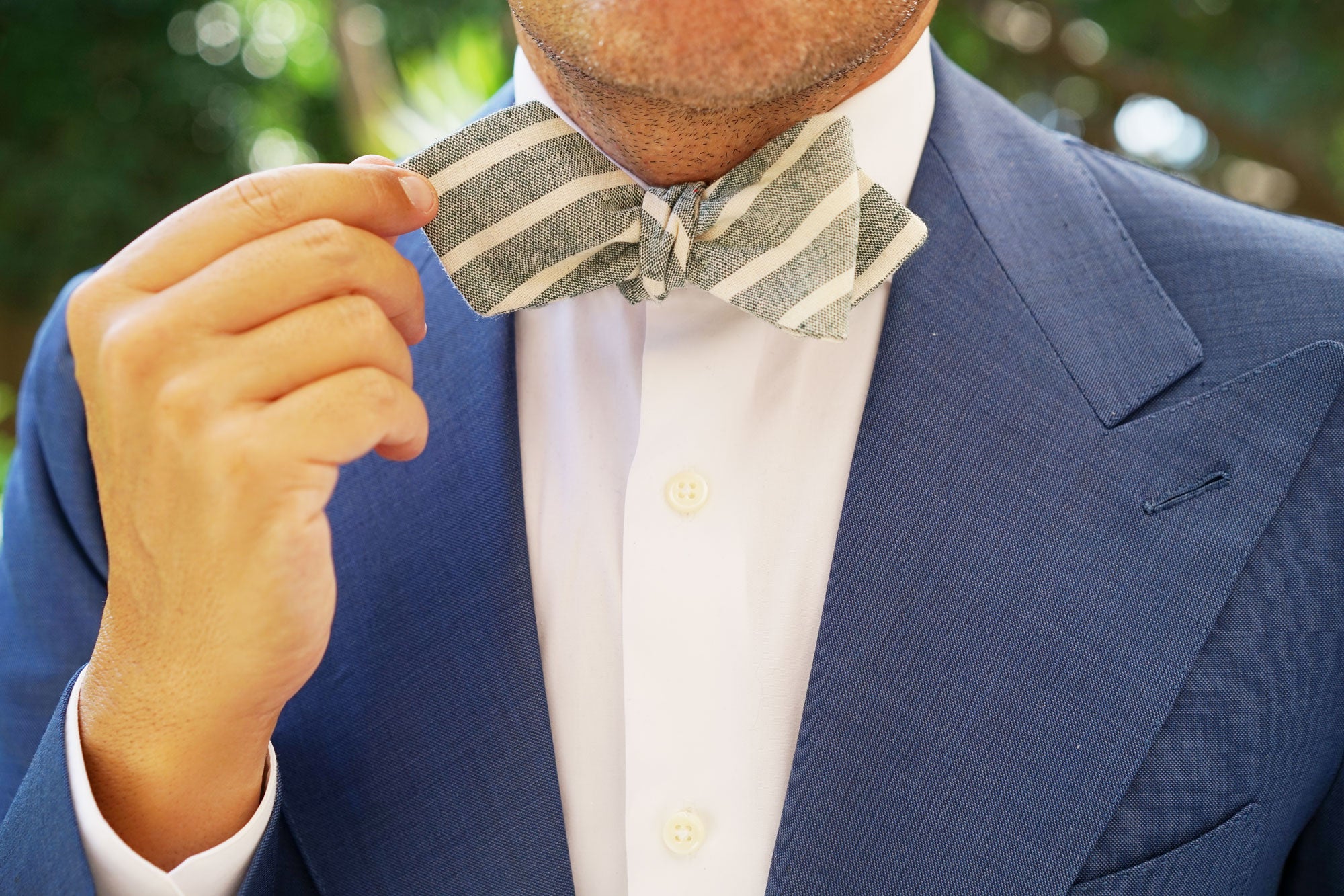 Konya Chalk Stripe Green Linen Diamond Self Bow Tie