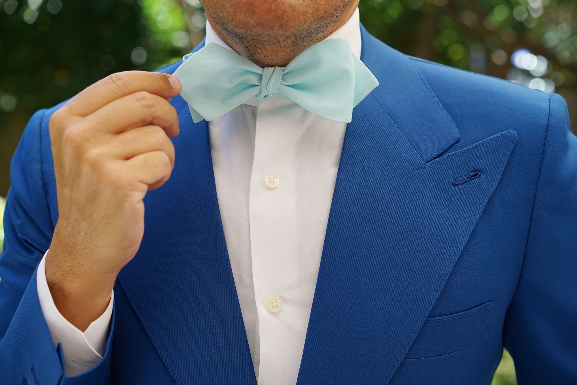 Mint Blue Cotton Self Tie Diamond Tip Bow Tie