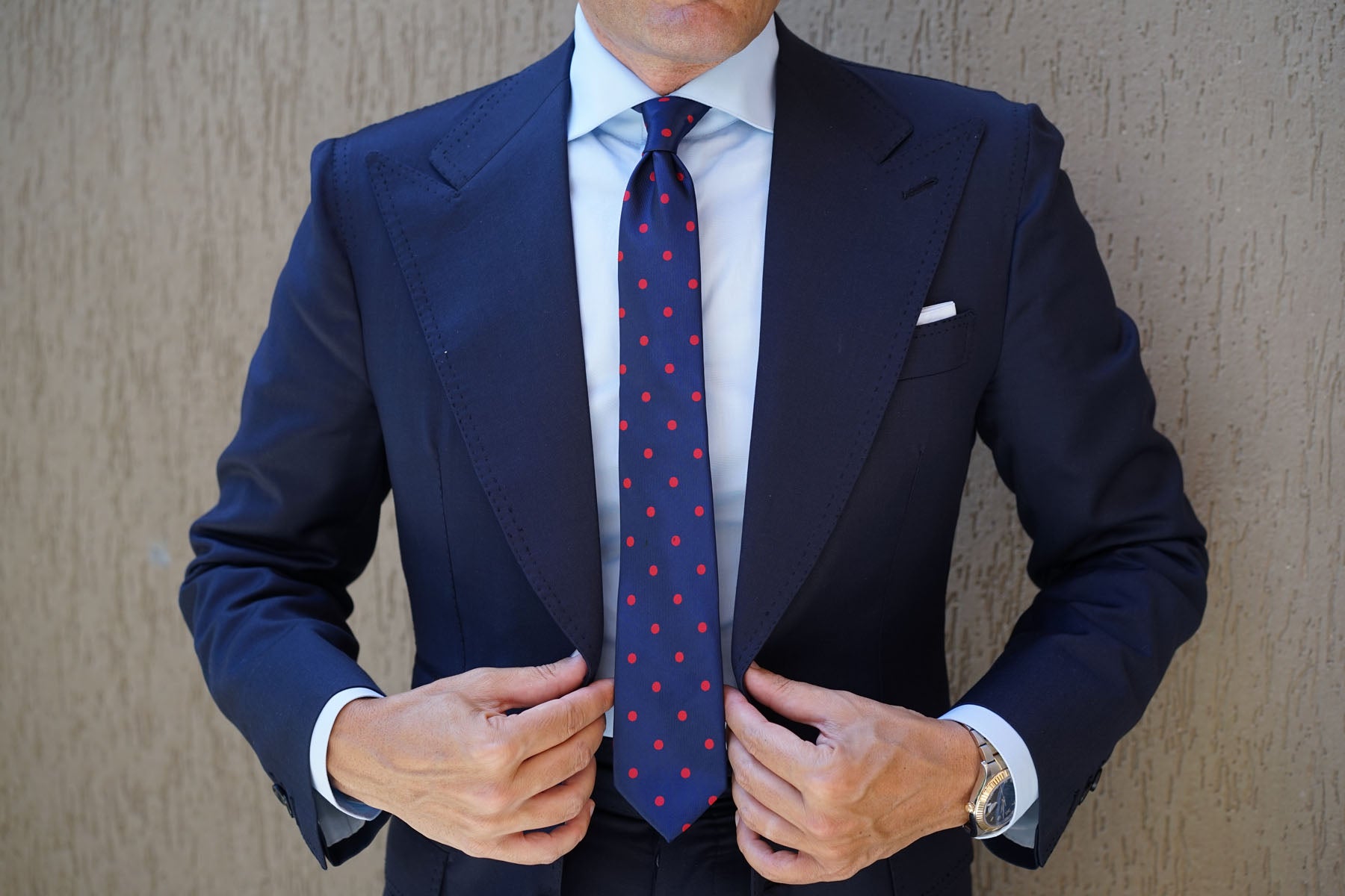 Navy Blue Skinny Tie with Red Polka Dots