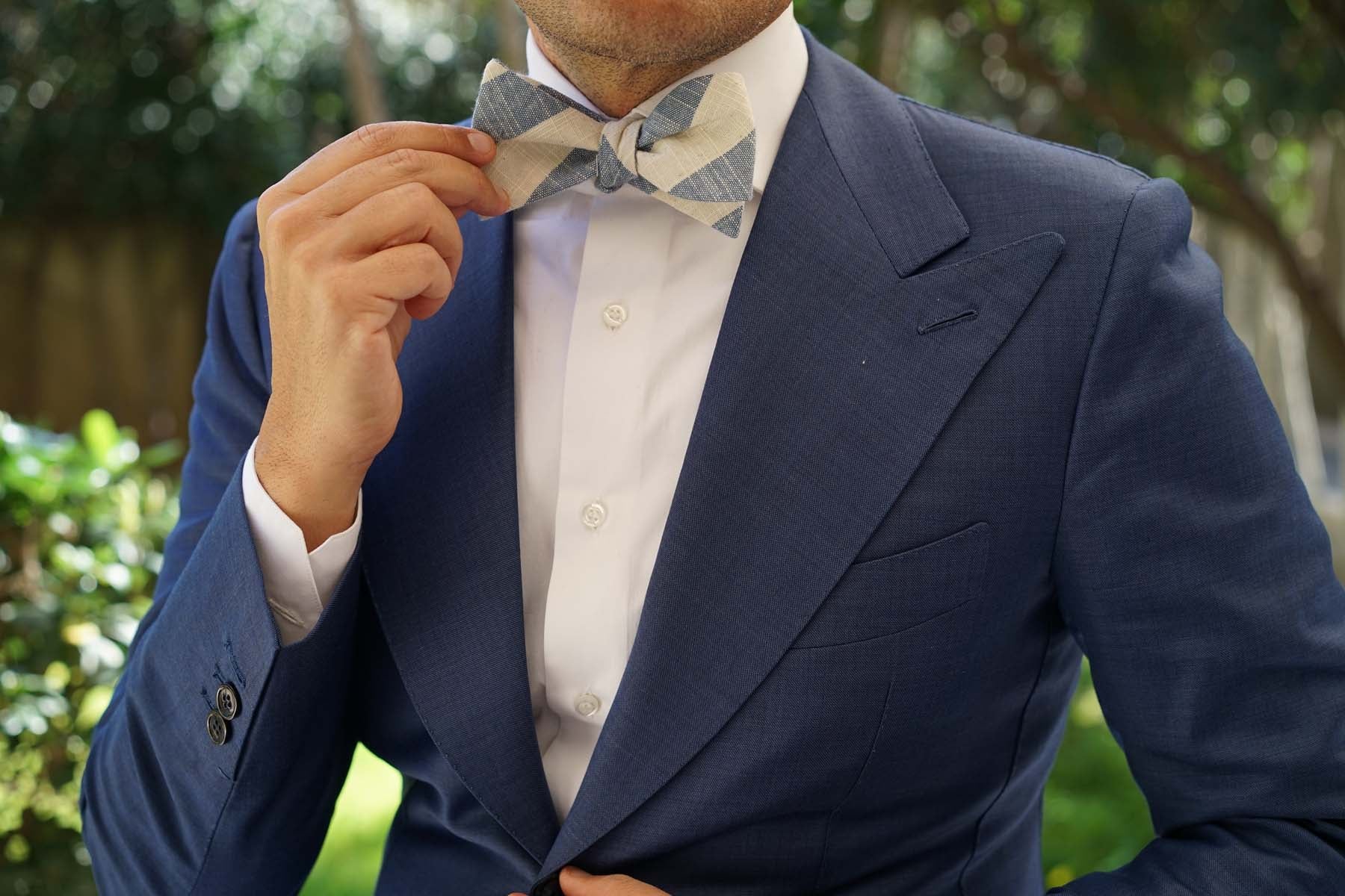 Kara Ada Light Blue Striped Linen Self Bow Tie