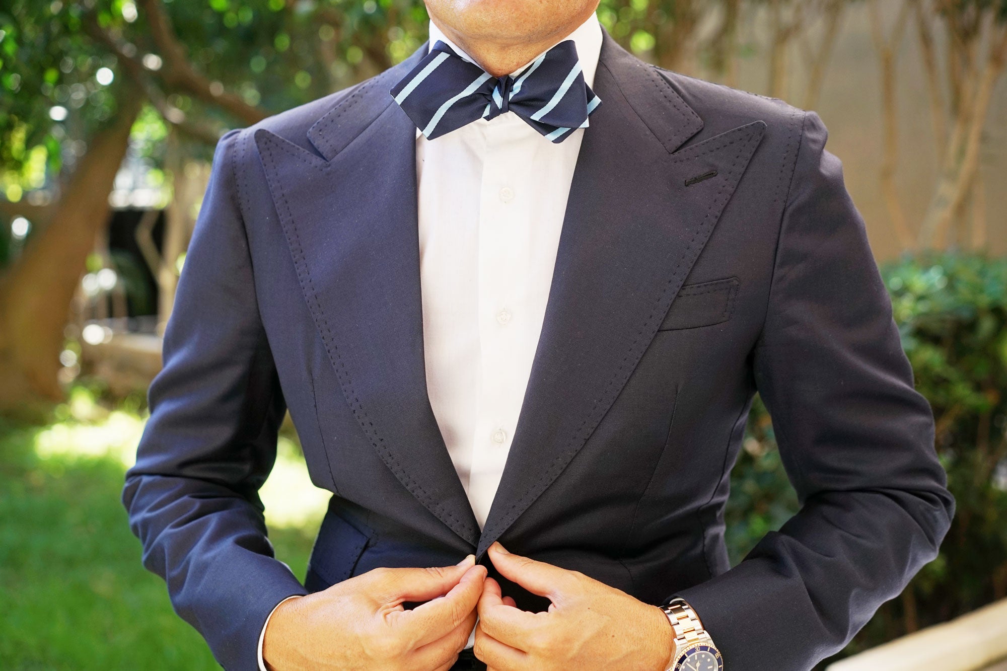 Blue Pencil Stripe Diamond Self Bow Tie