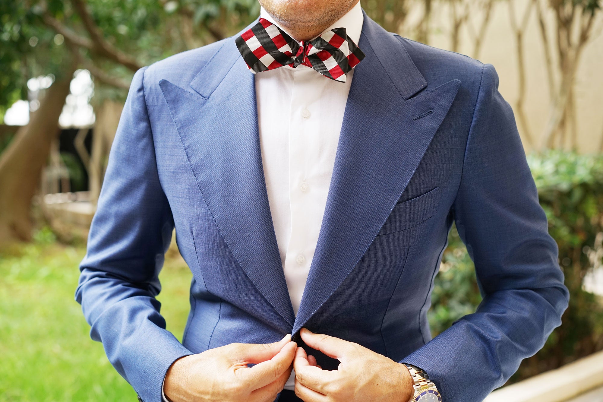 White Black Maroon Checkered Self Tie Diamond Tip Bow Tie