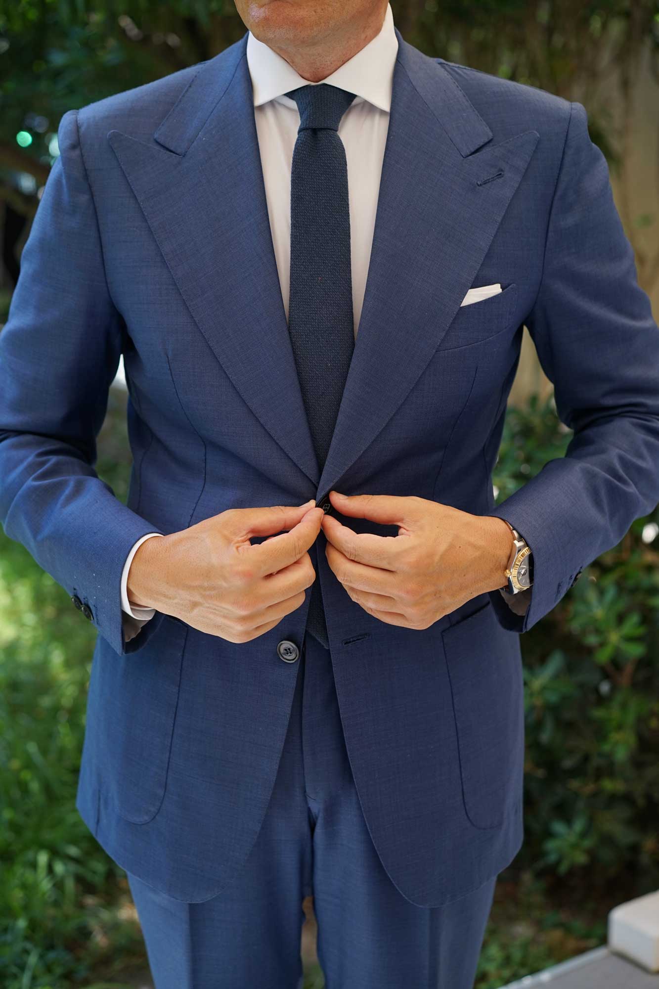 Navy Blue Basket Weave Linen Skinny Tie