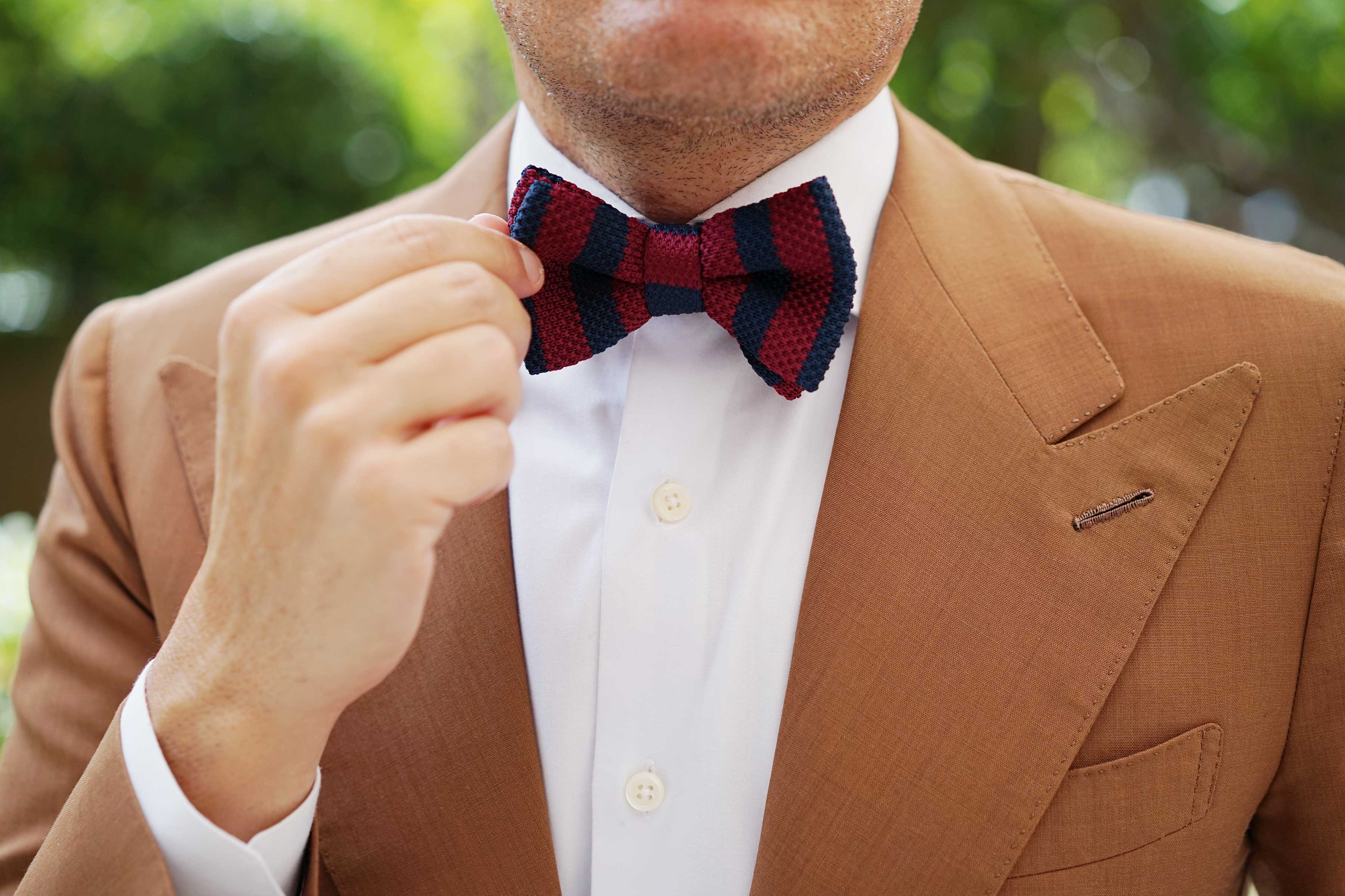 Maroon with Navy Blue Striped Knitted Bow Tie