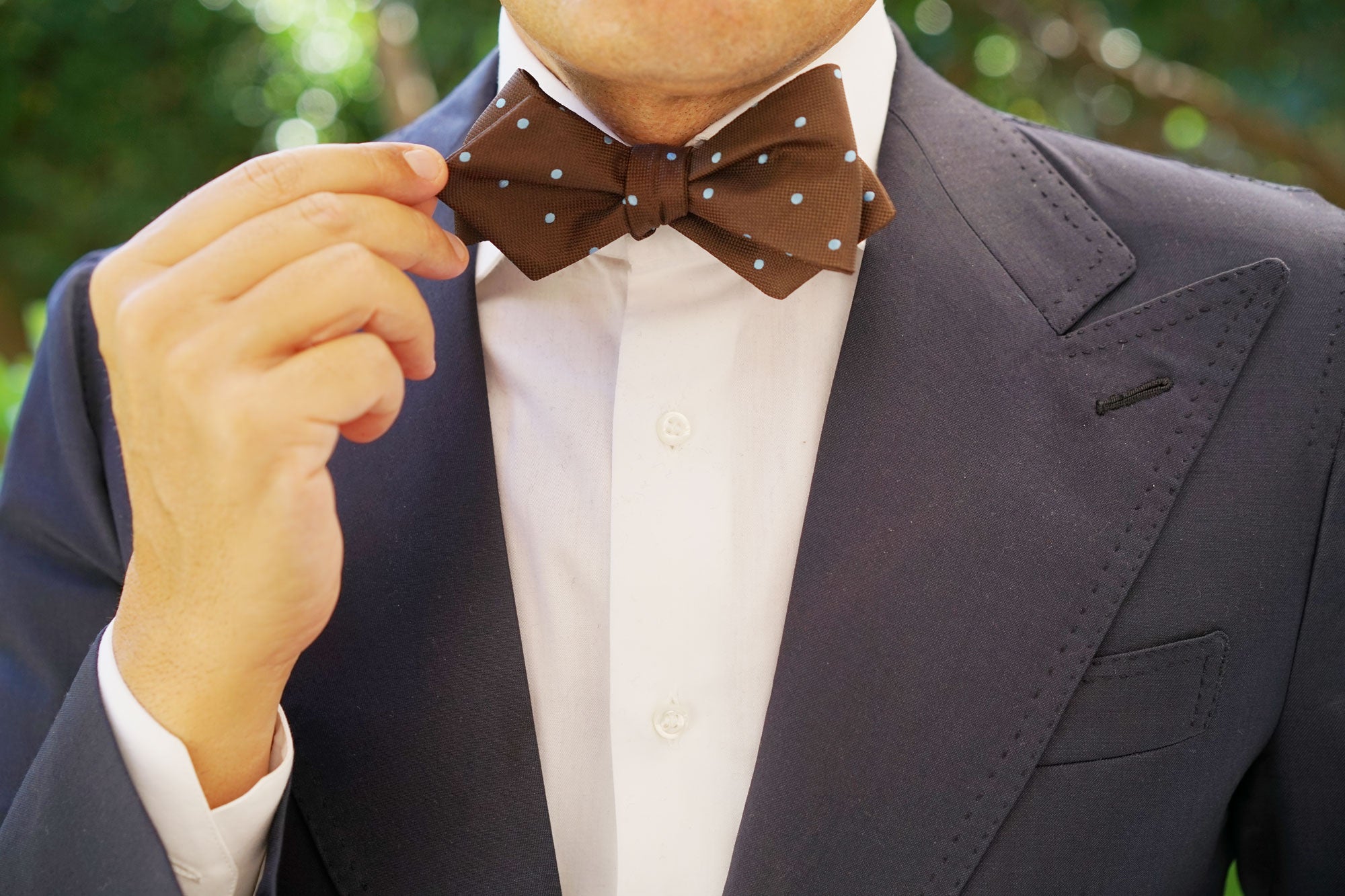 Brown on Blue Polkadot Diamond Self Bow Tie