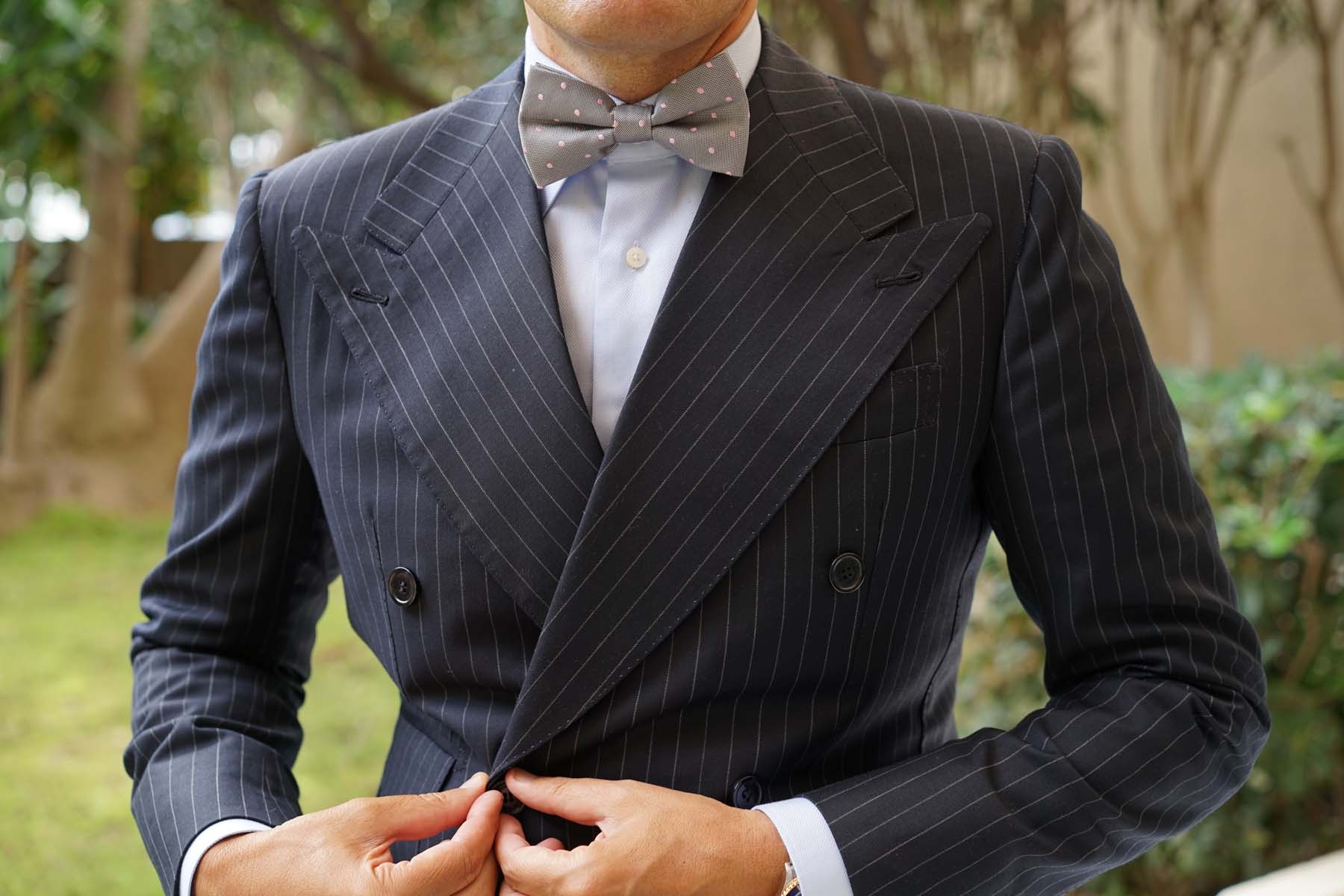 Grey with Baby Pink Polka Dots Bow Tie