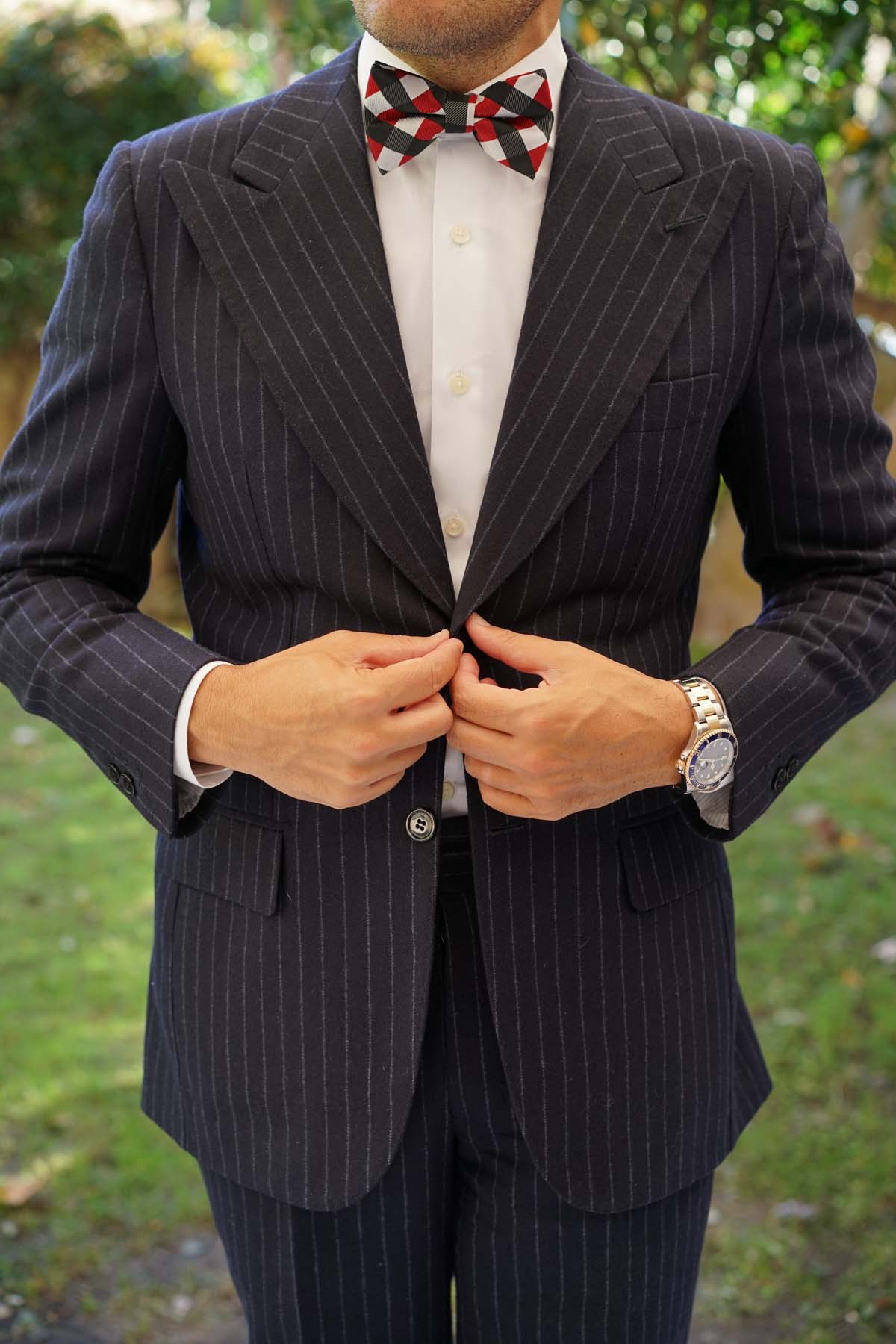 White Black Maroon Checkered Bow Tie