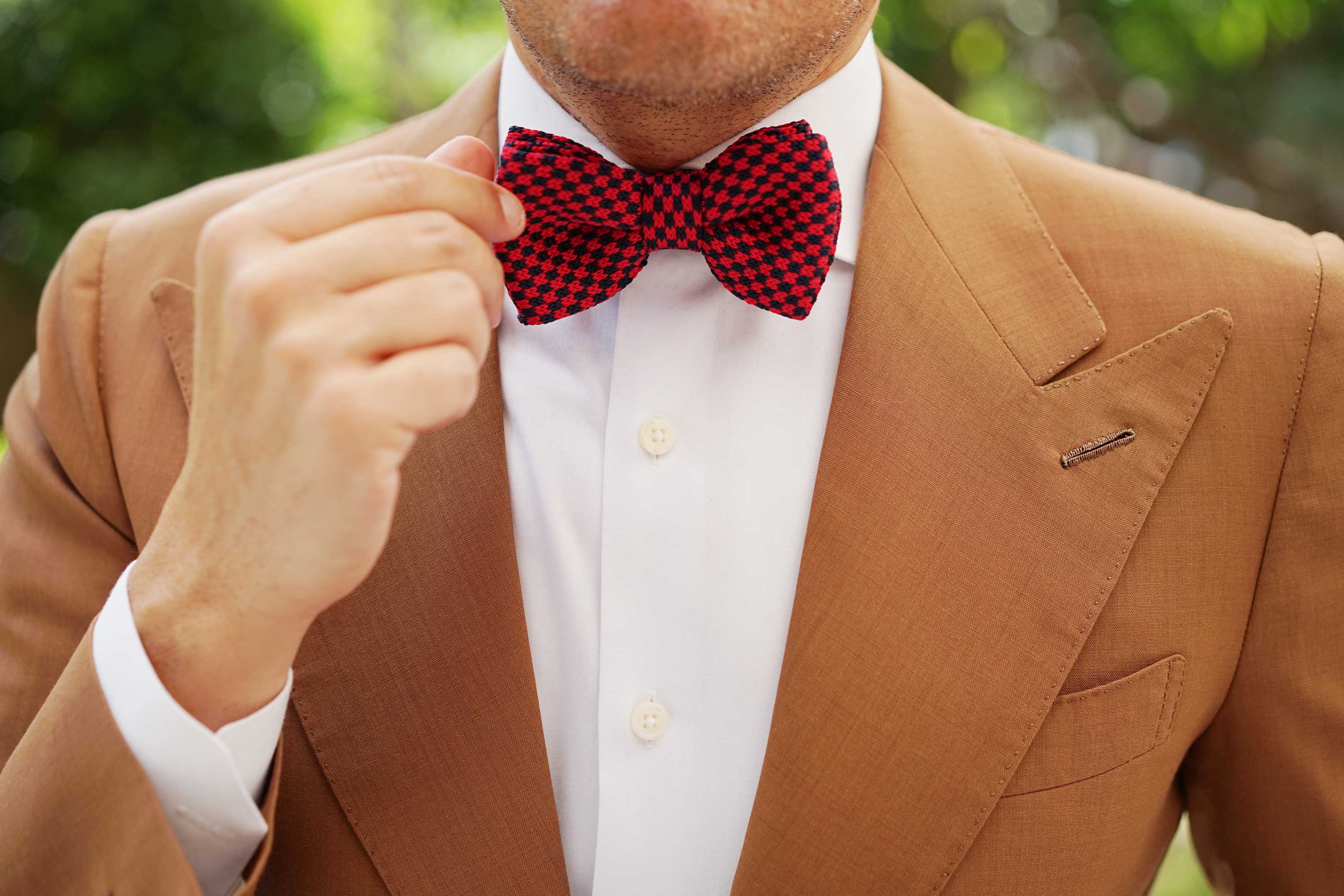 Red with Navy Blue Checkered Knitted Bow Tie