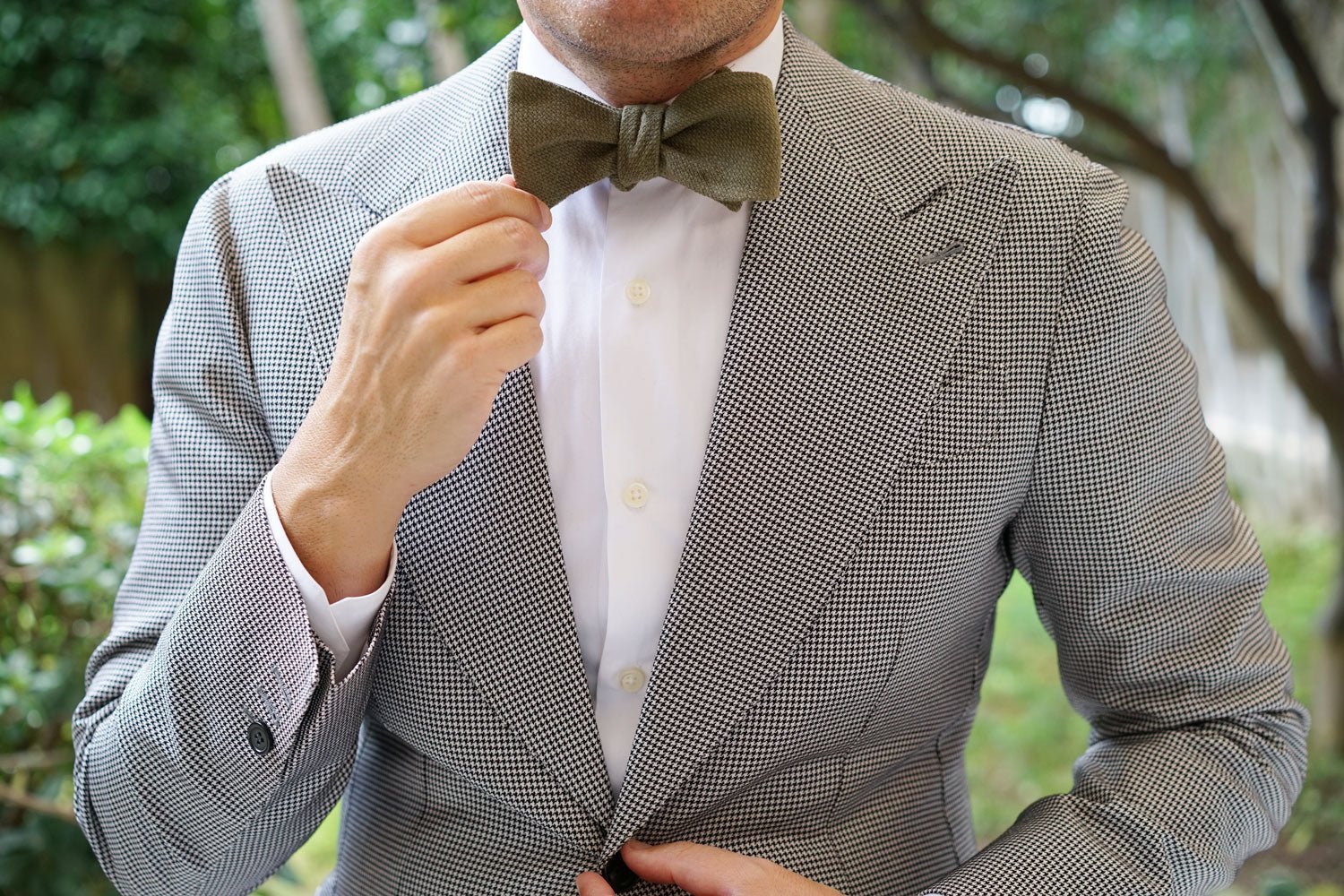 Olive Green Basket Weave Linen Self Bow Tie