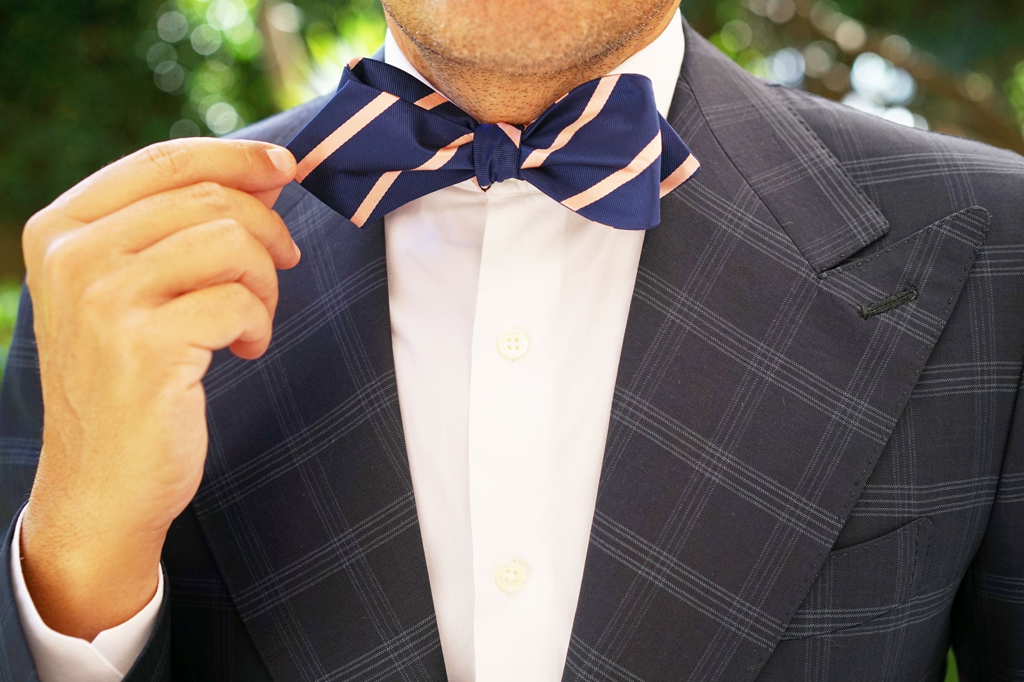 Navy Blue with Peach Stripes Self Tie Diamond Tip Bow Tie