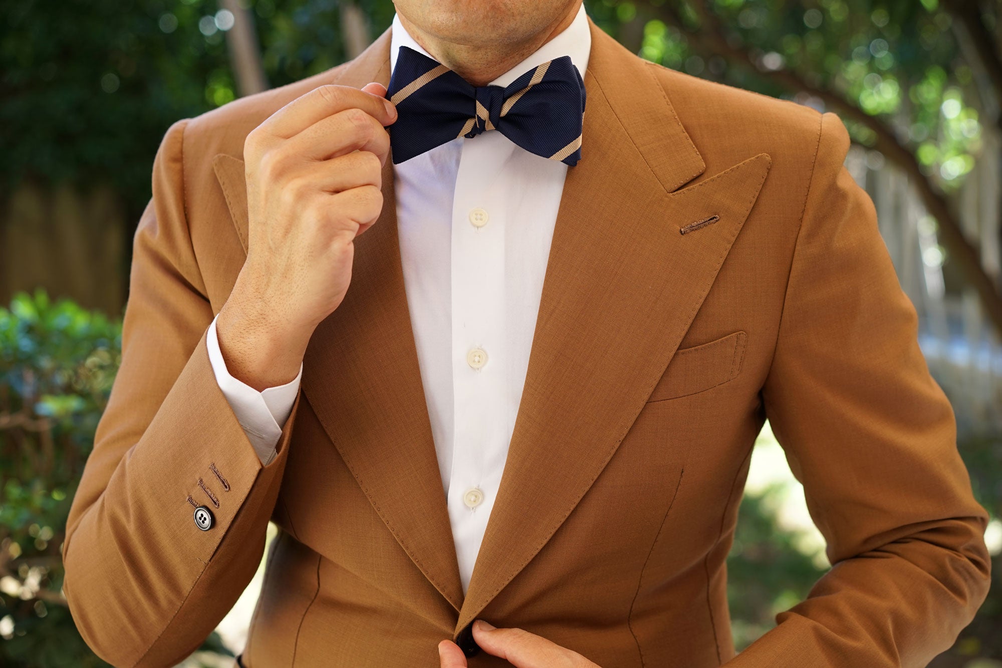 Navy Blue Champagne Gold Striped Self Bow Tie