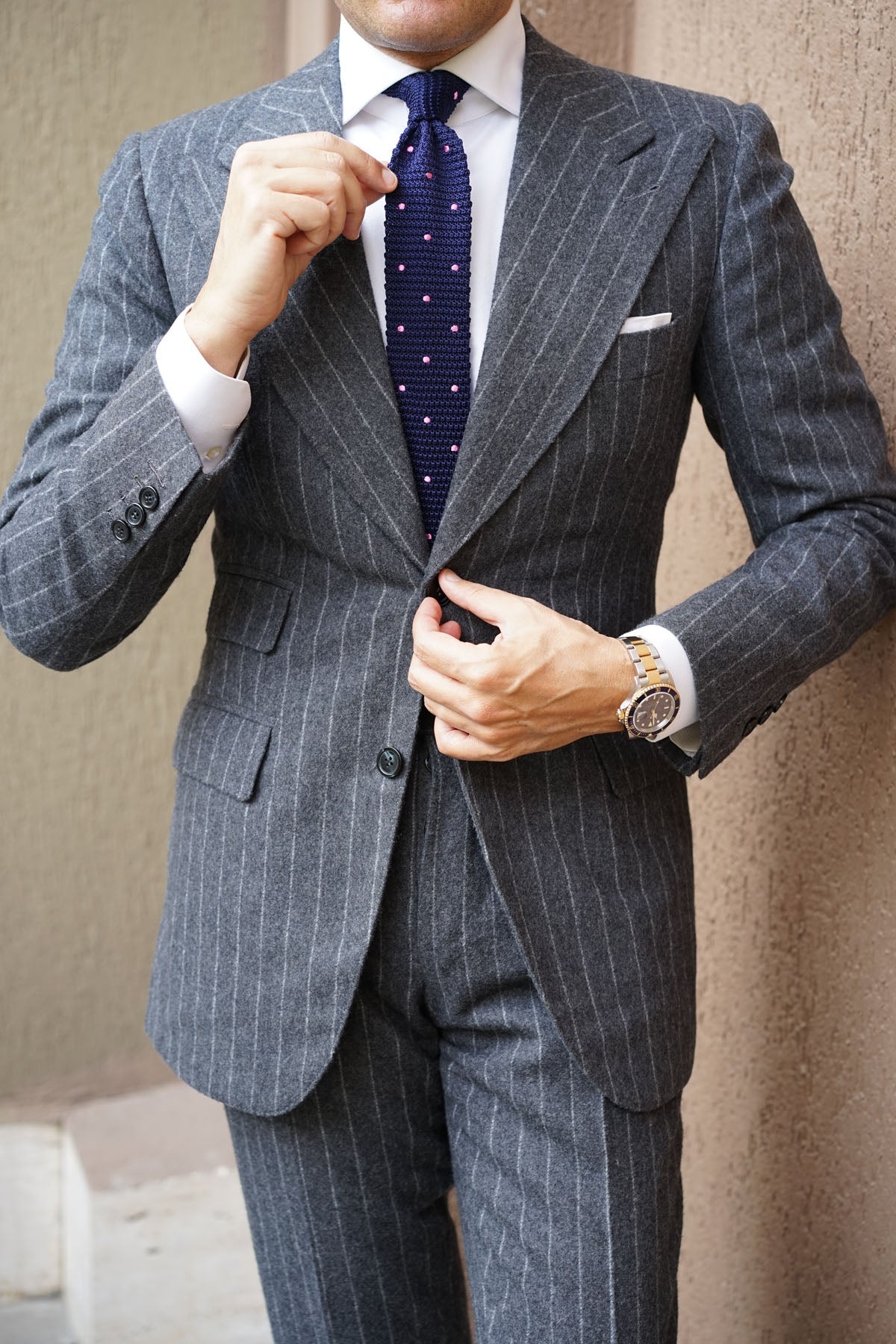 Navy Blue Knitted Tie with Pink Polka Dots