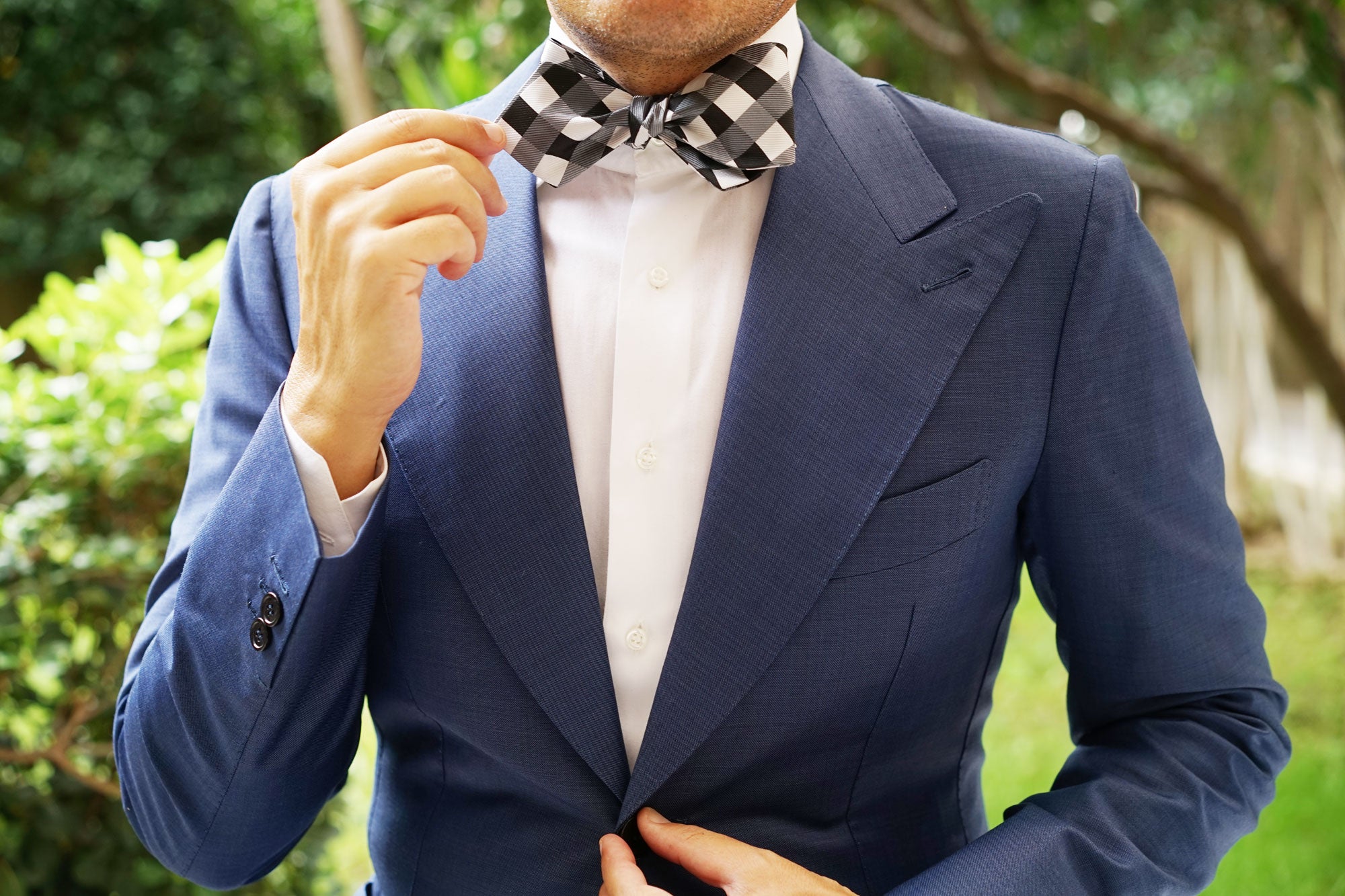 Black White Grey Checkered Self Tie Diamond Tip Bow Tie