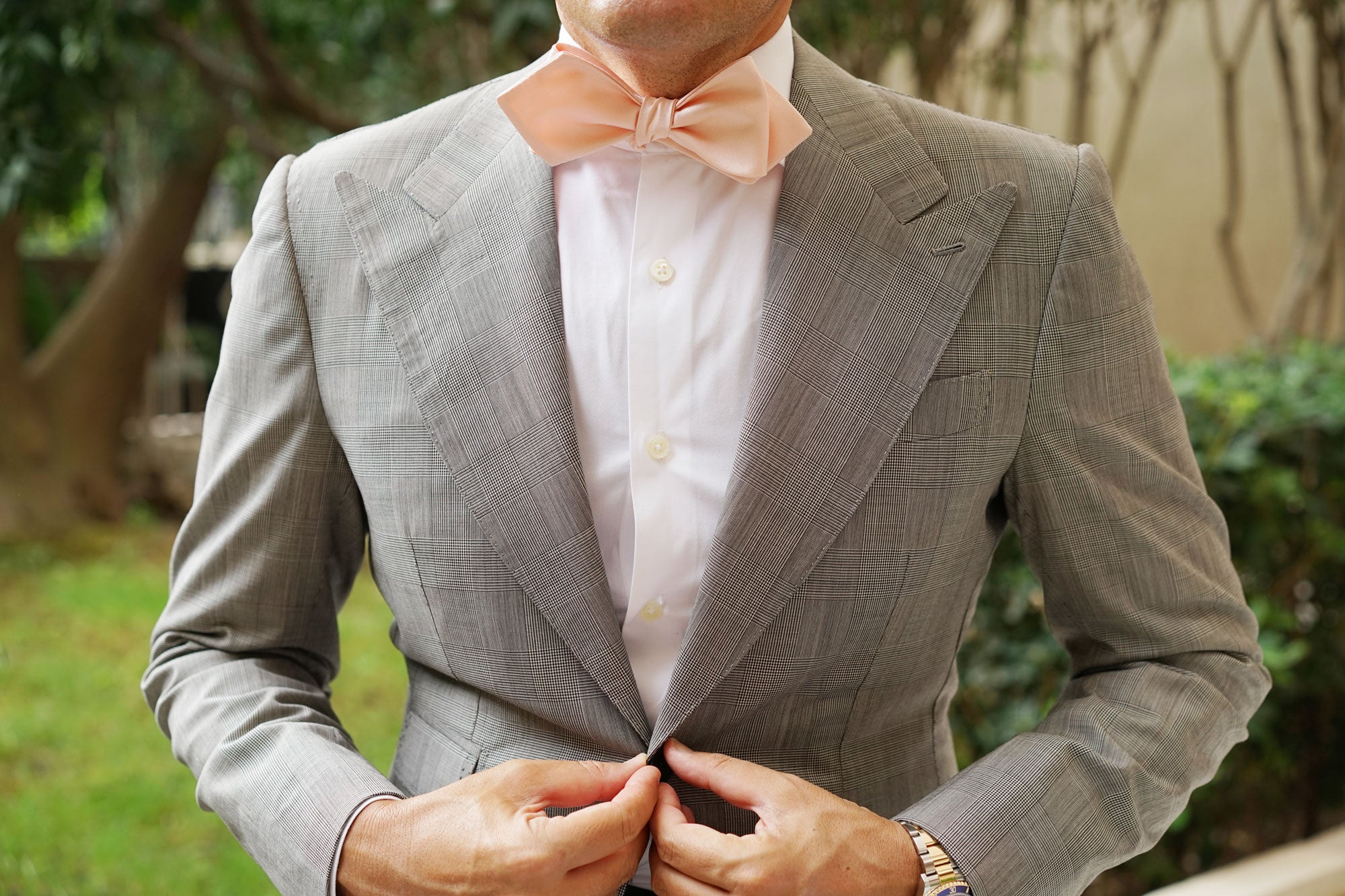 Peach Satin Self Tie Diamond Tip Bow Tie