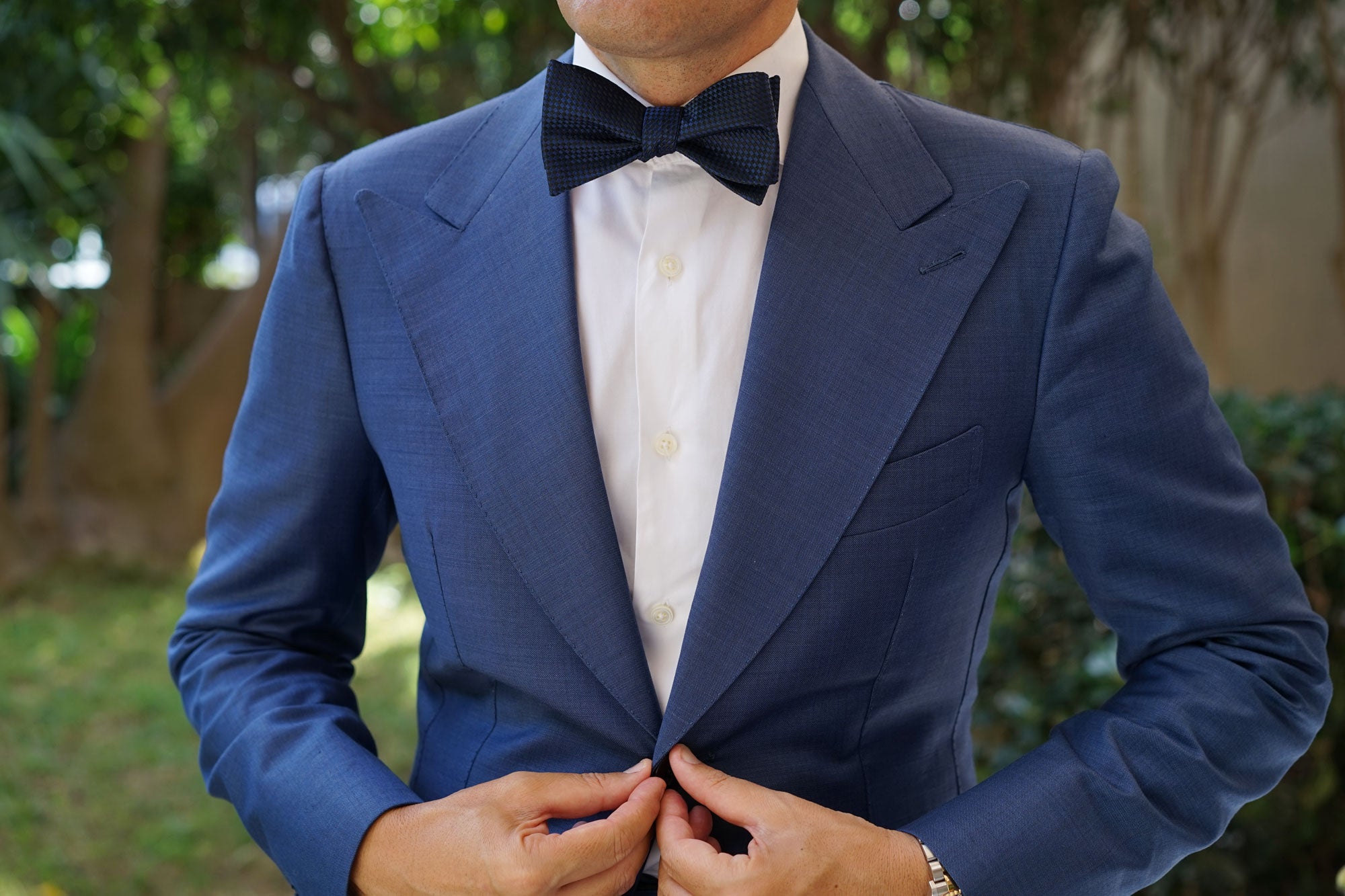 Navy Blue Basket Weave Checkered Self Bow Tie