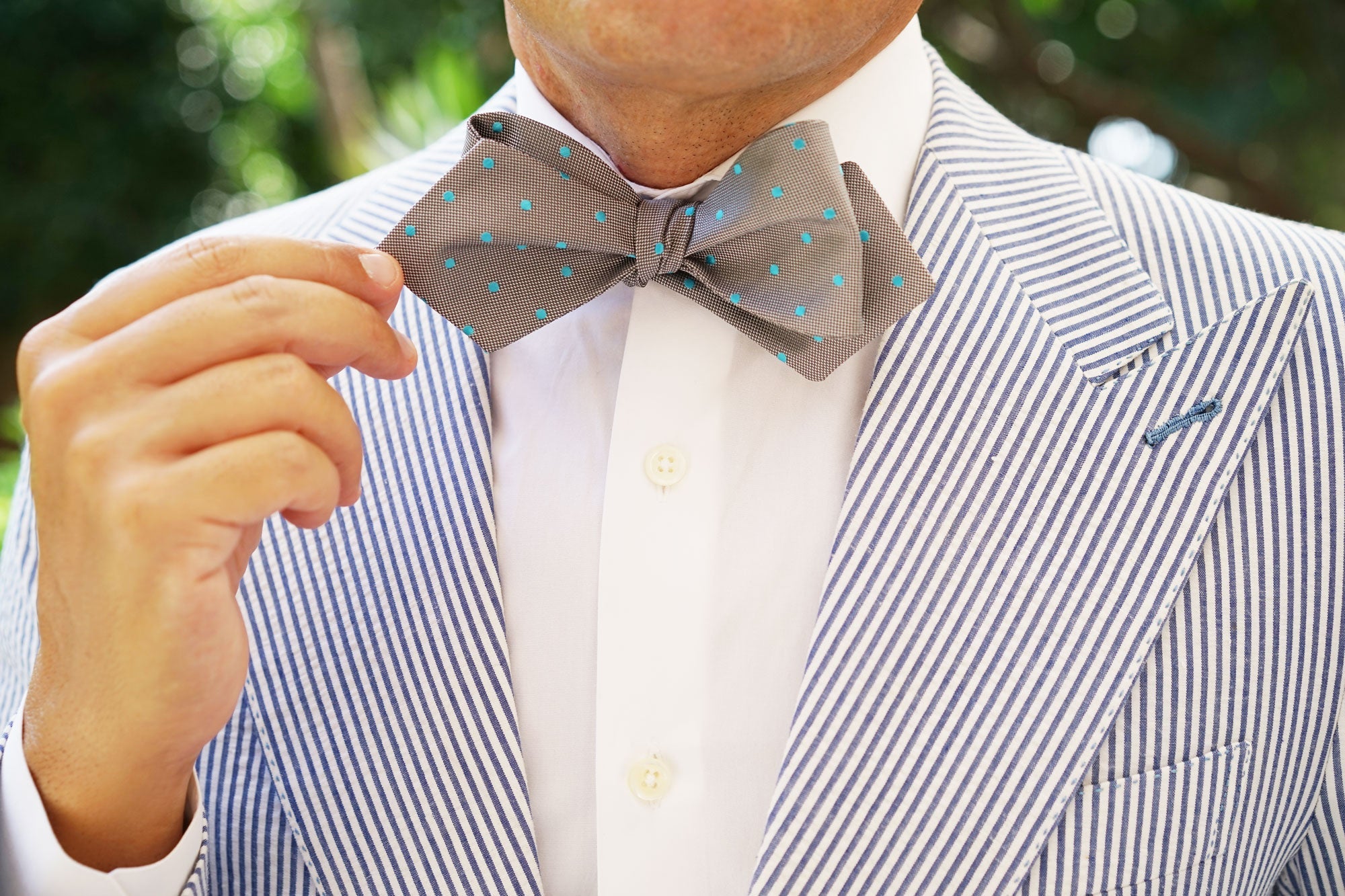 Grey with Mint Blue Polka Dots Self Tie Diamond Tip Bow Tie