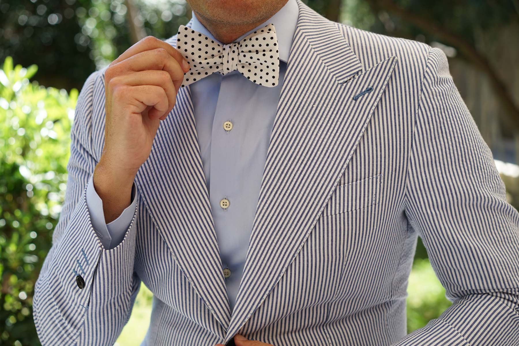 White with Black Polkadot Cotton Self Bow Tie